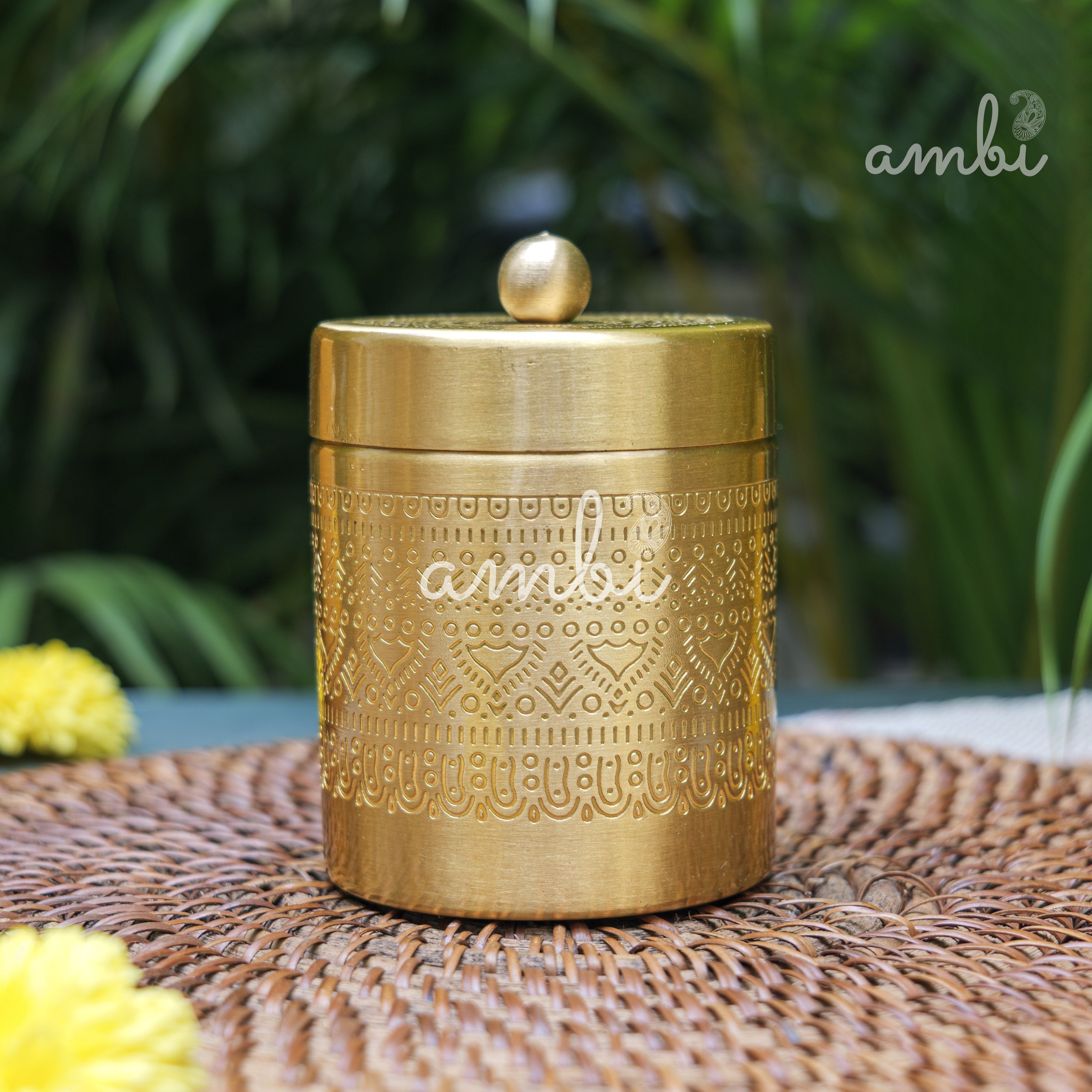 Ambi Pure Brass Elegant Etched Small StorageJar Box