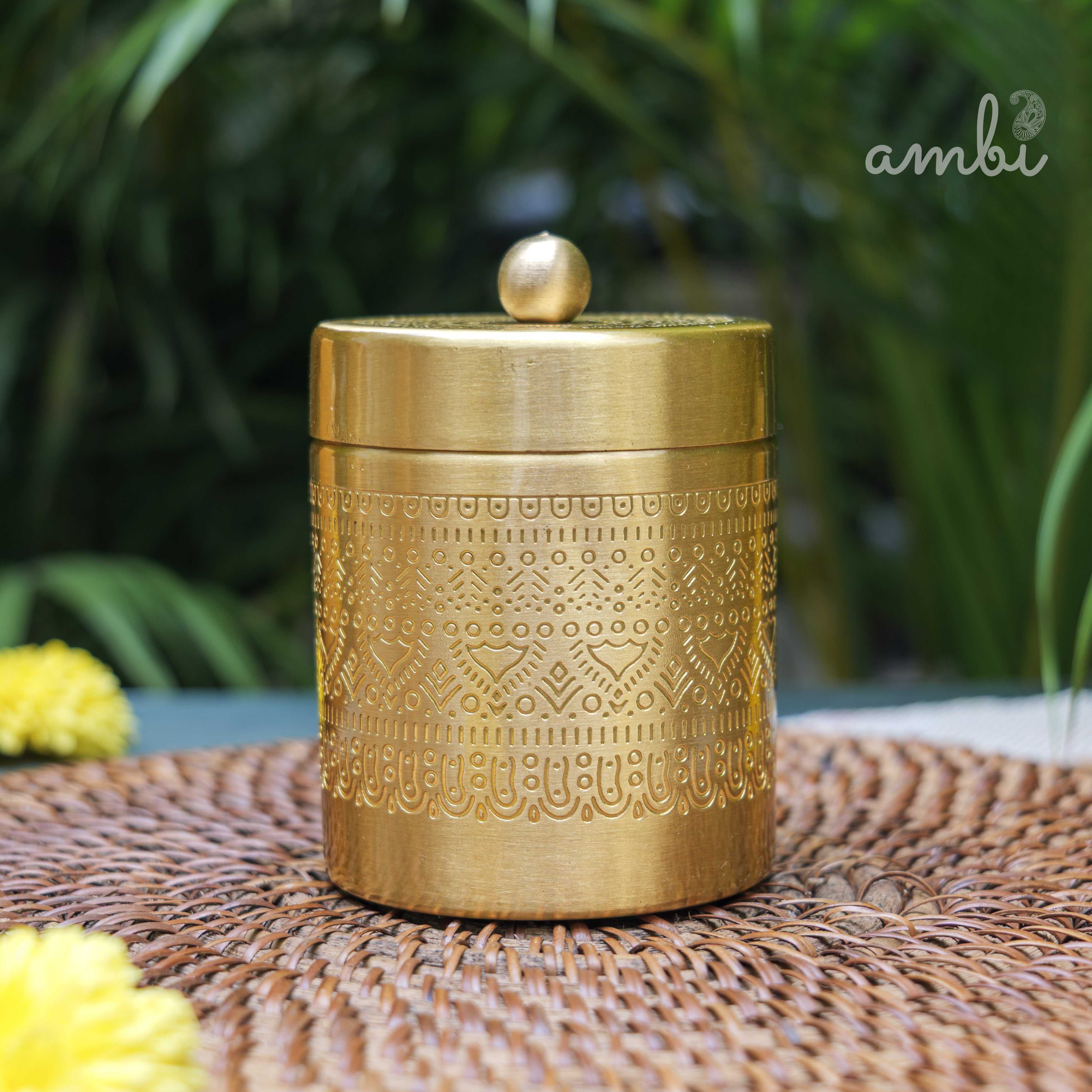 Ambi Pure Brass Elegant Etched Small StorageJar Box