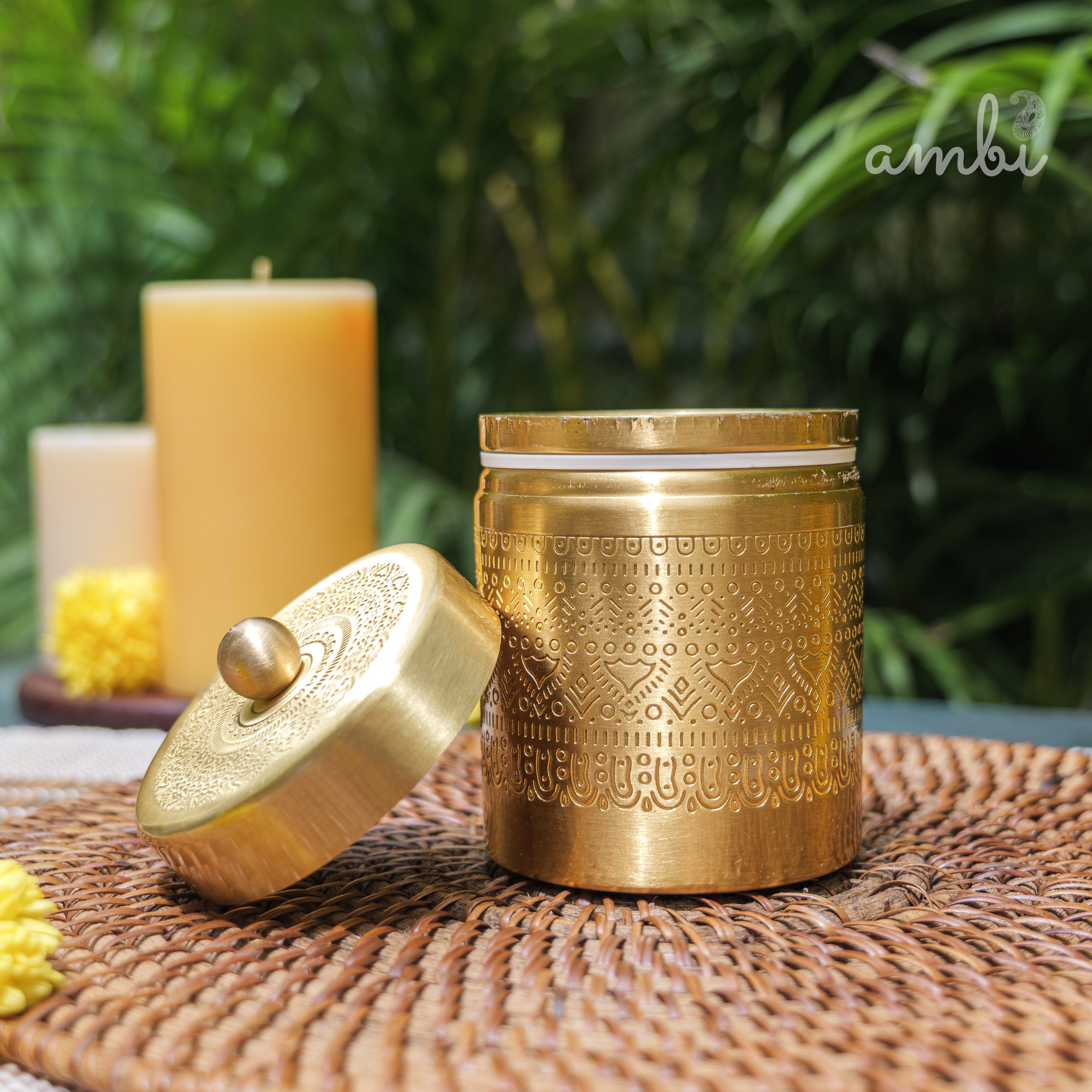 Ambi Pure Brass Elegant Etched Small StorageJar Box