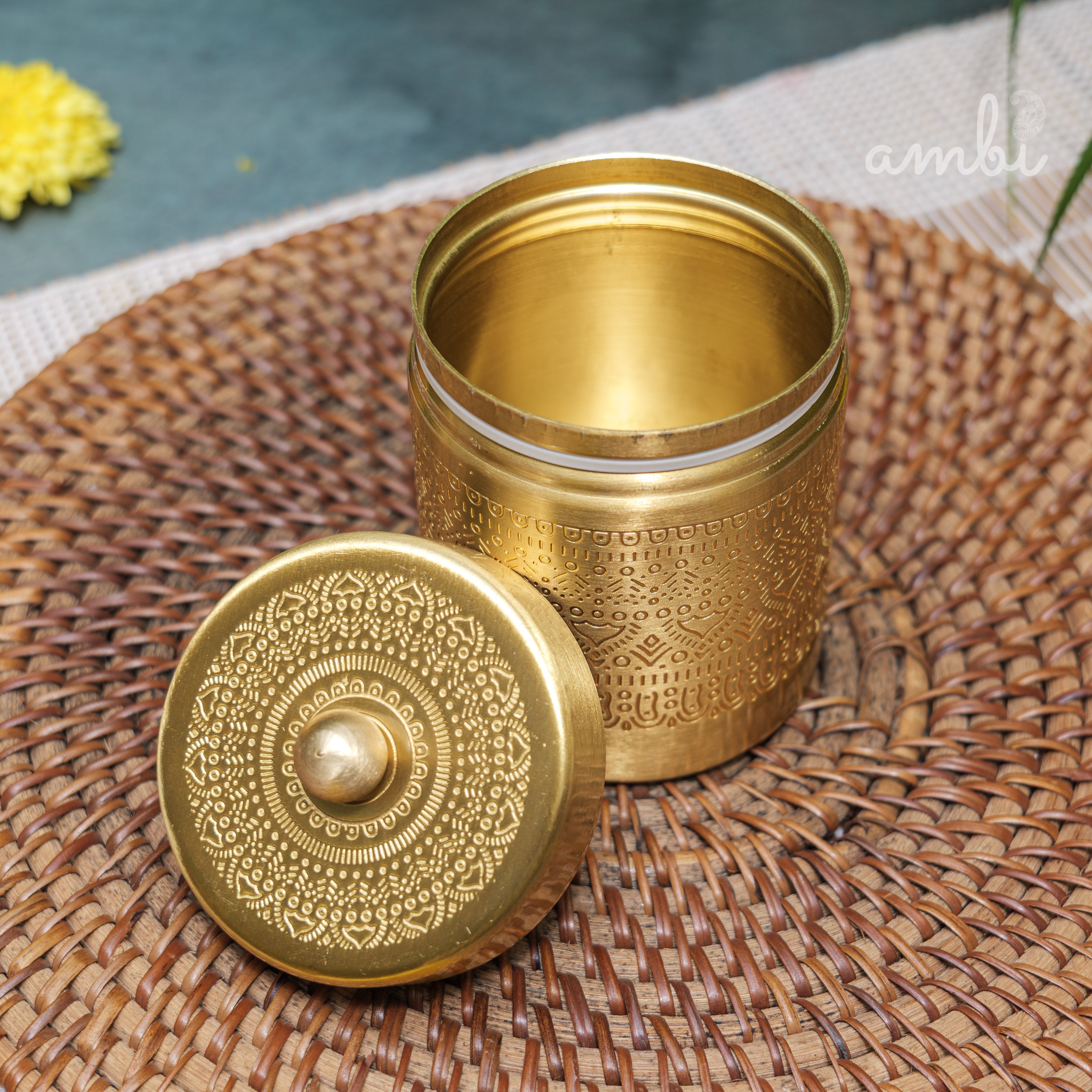 Ambi Pure Brass Elegant Etched Small StorageJar Box