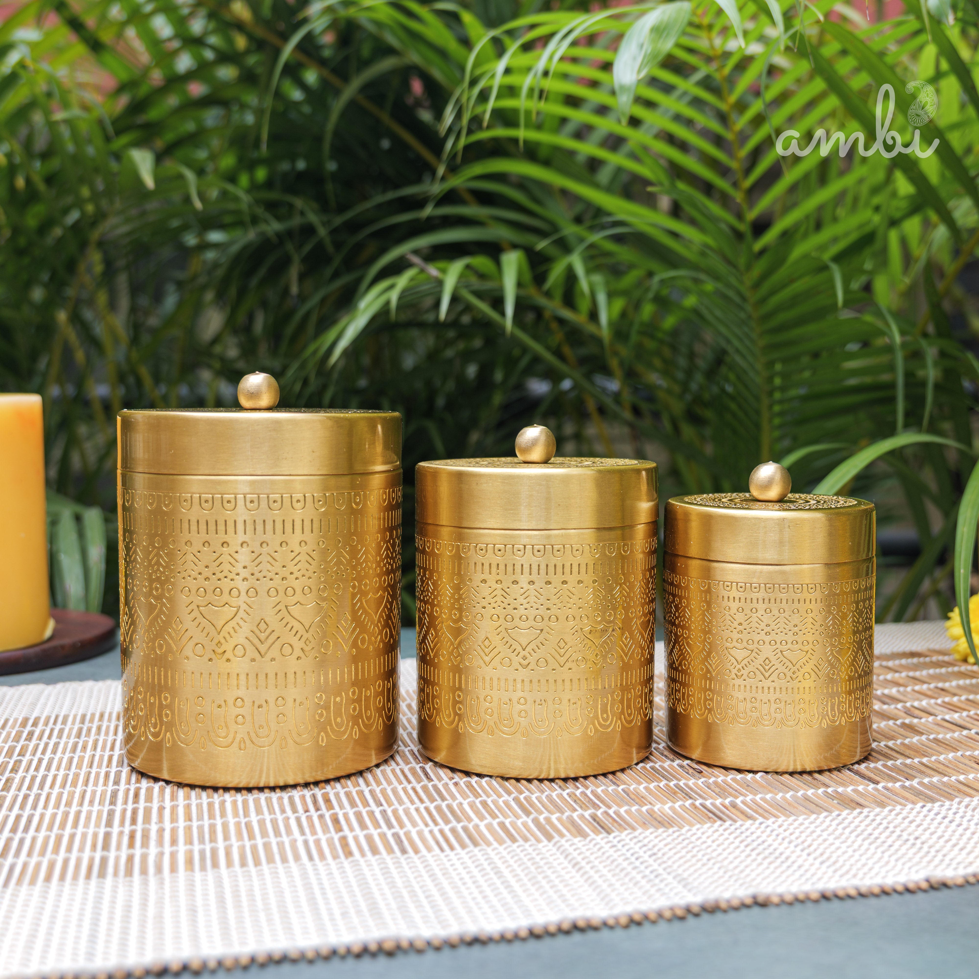 Ambi Pure Brass Elegant Etched Storage Jar Box - Set of 3 (S, M, L)