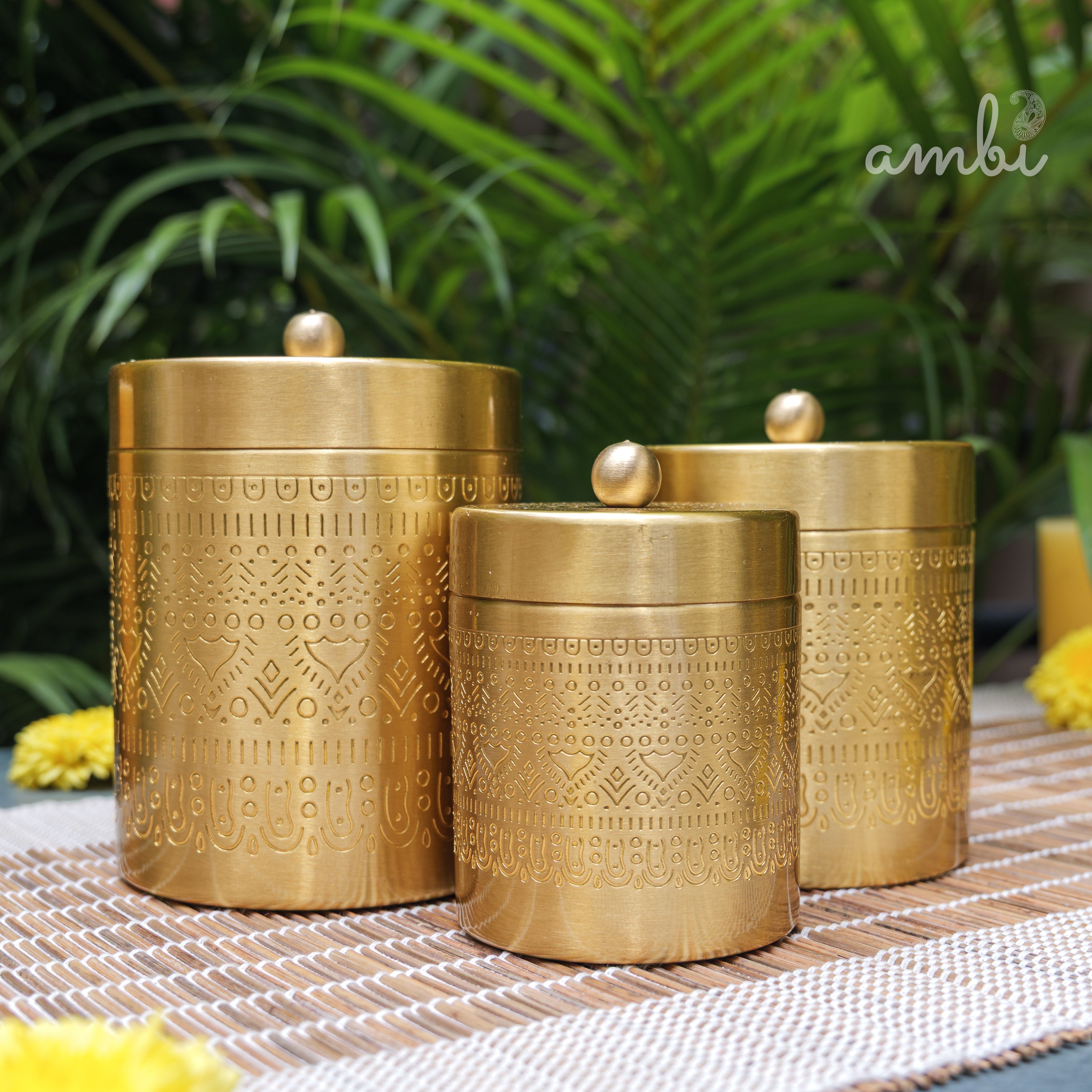 Ambi Pure Brass Elegant Etched Storage Jar Box - Set of 3 (S, M, L)