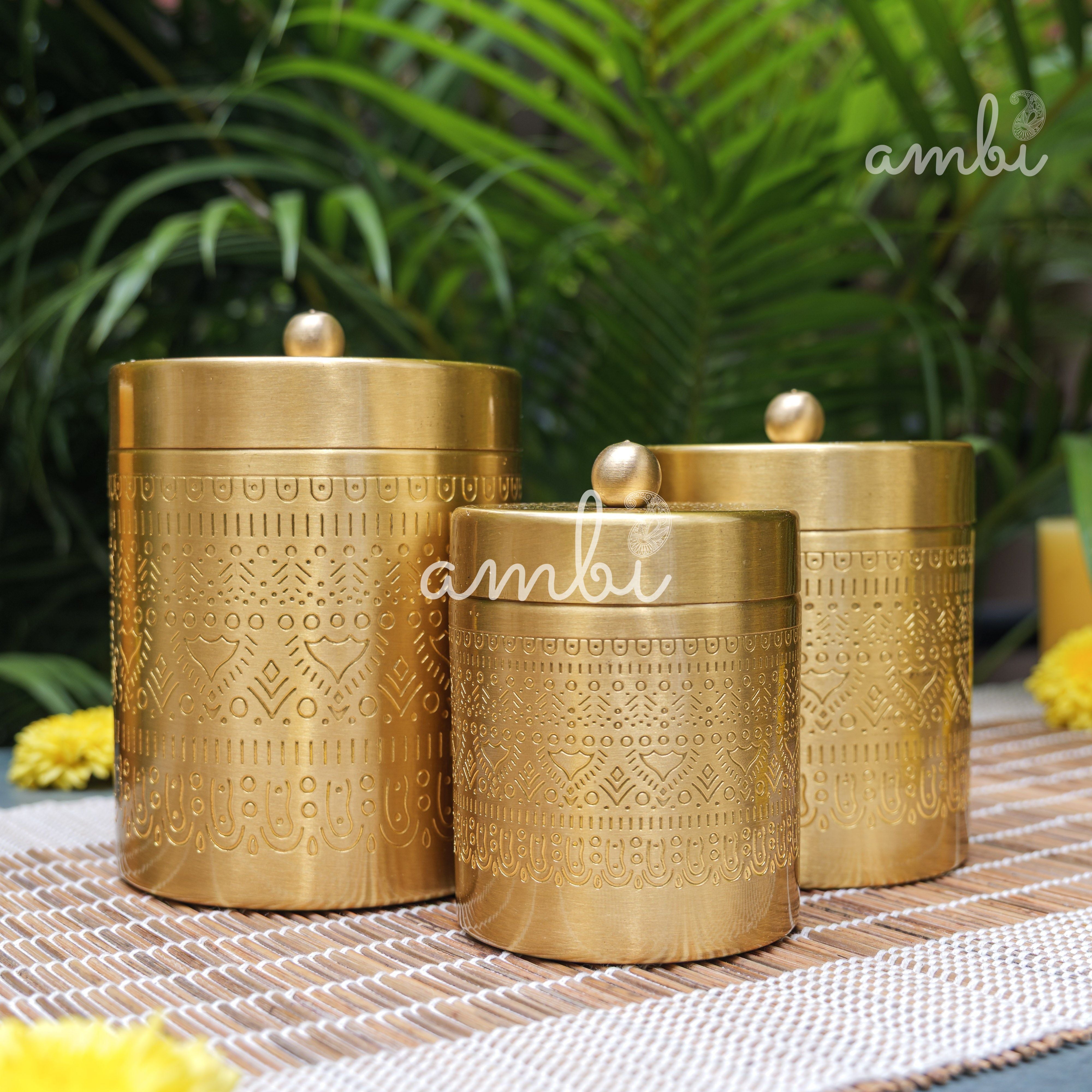 Ambi Pure Brass Elegant Etched Storage Box - Set of 3 (S, M, L)