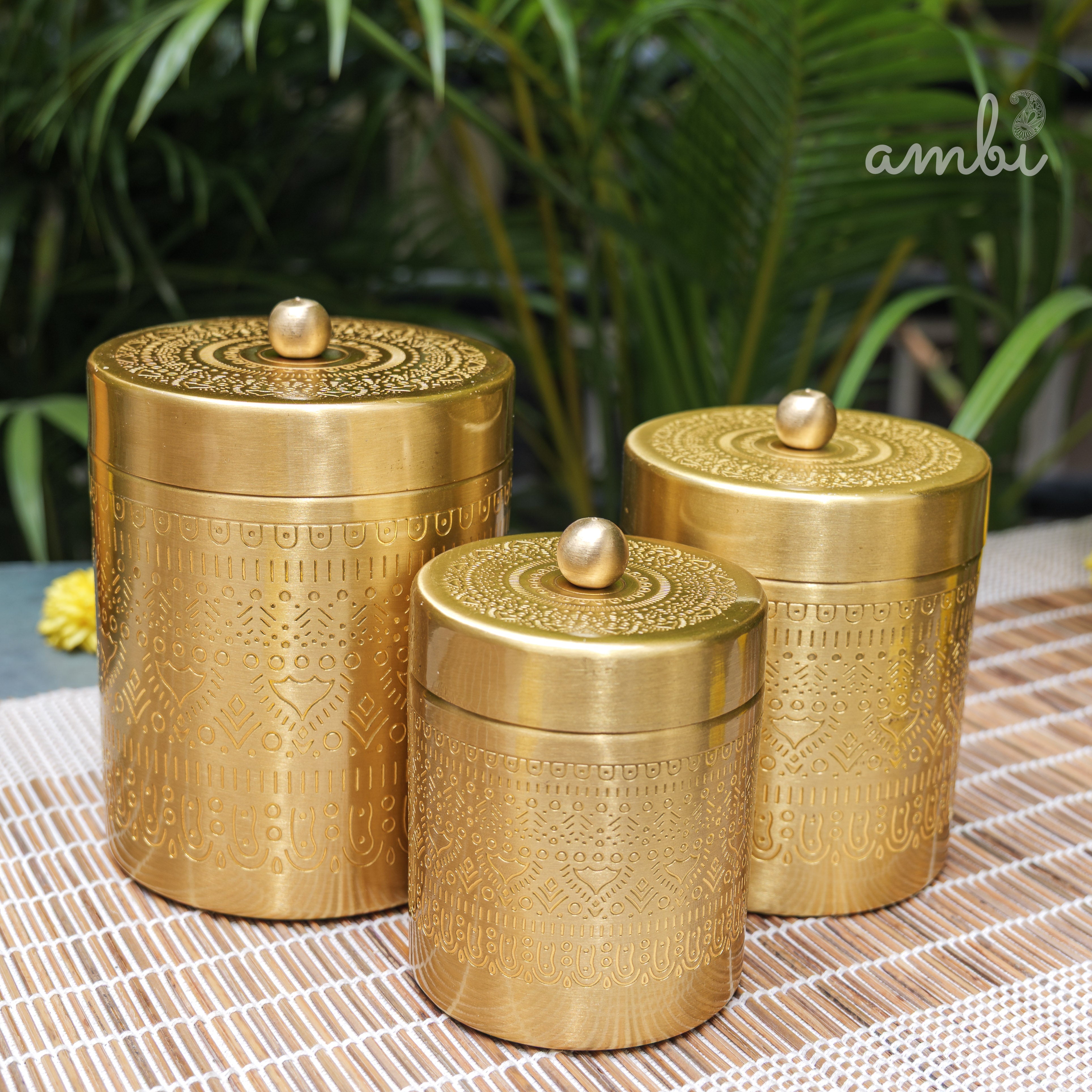 Ambi Pure Brass Elegant Etched Storage Jar Box - Set of 3 (S, M, L)