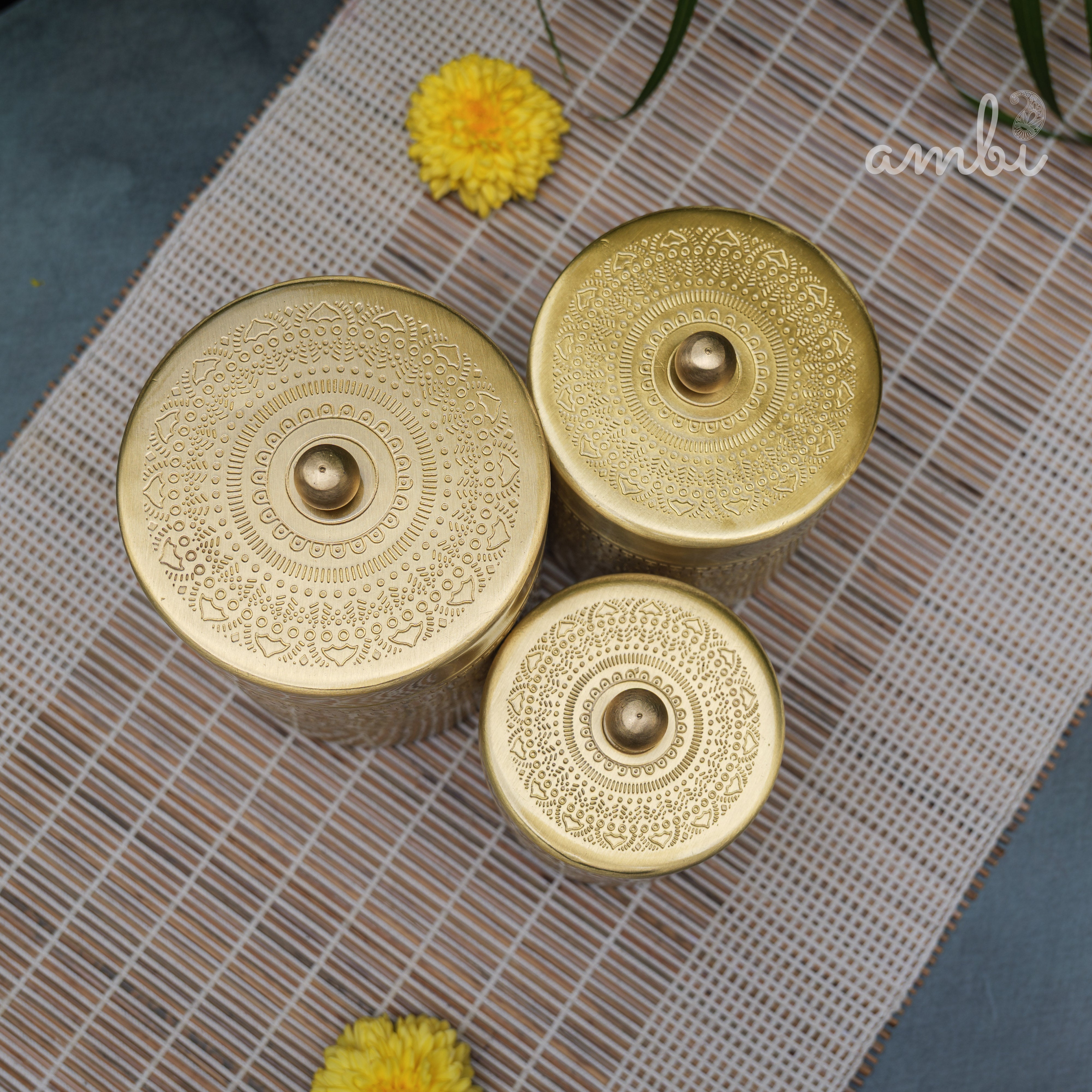 Ambi Pure Brass Elegant Etched Storage Jar Box - Set of 3 (S, M, L)