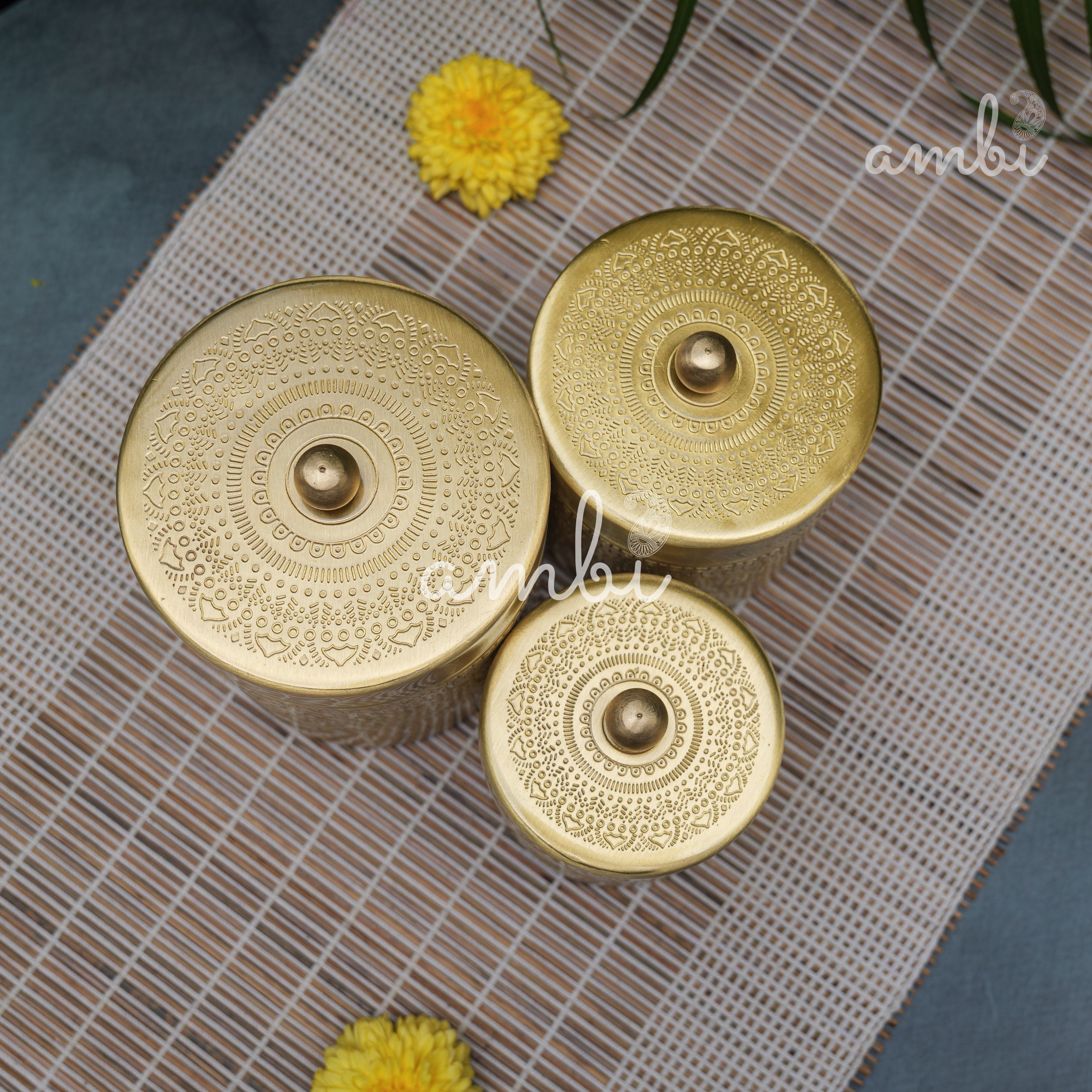 Ambi Pure Brass Elegant Etched Storage Box - Set of 3 (S, M, L)
