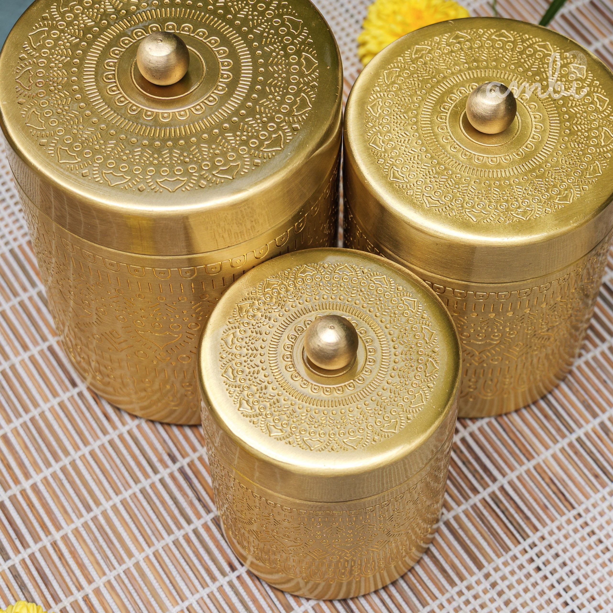 Ambi Pure Brass Elegant Etched Storage Jar Box - Set of 3 (S, M, L)