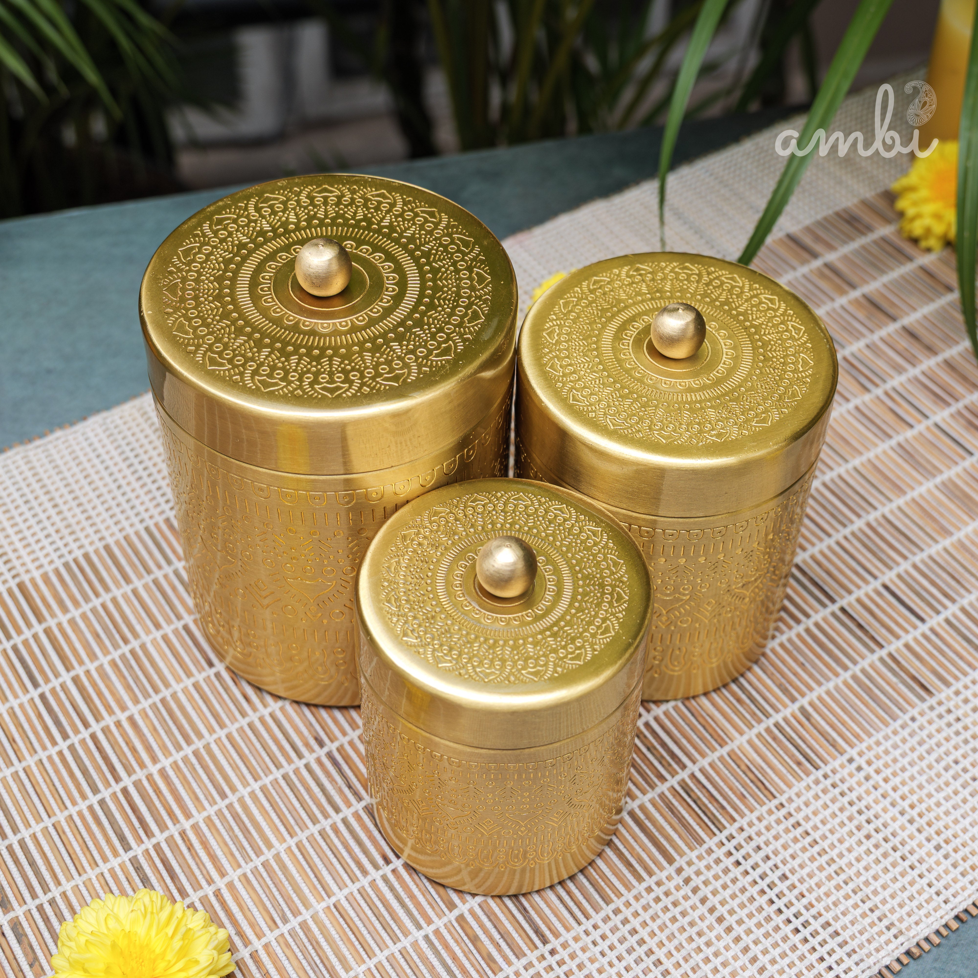 Ambi Pure Brass Elegant Etched Storage Jar Box - Set of 3 (S, M, L)