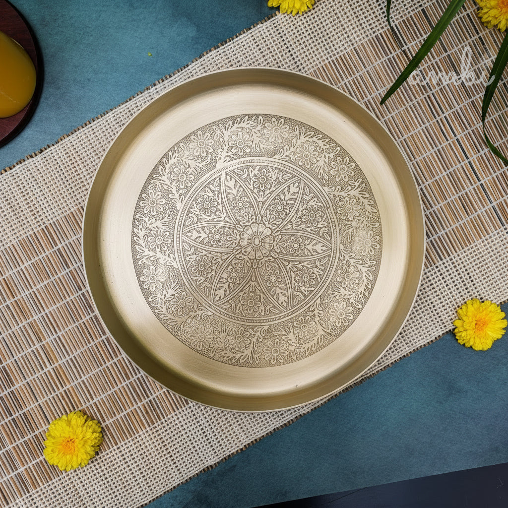 Ambi Lead Free 100% Pure Kansa Mandala Etched Puja Thali / Round Platter - 11 Inch