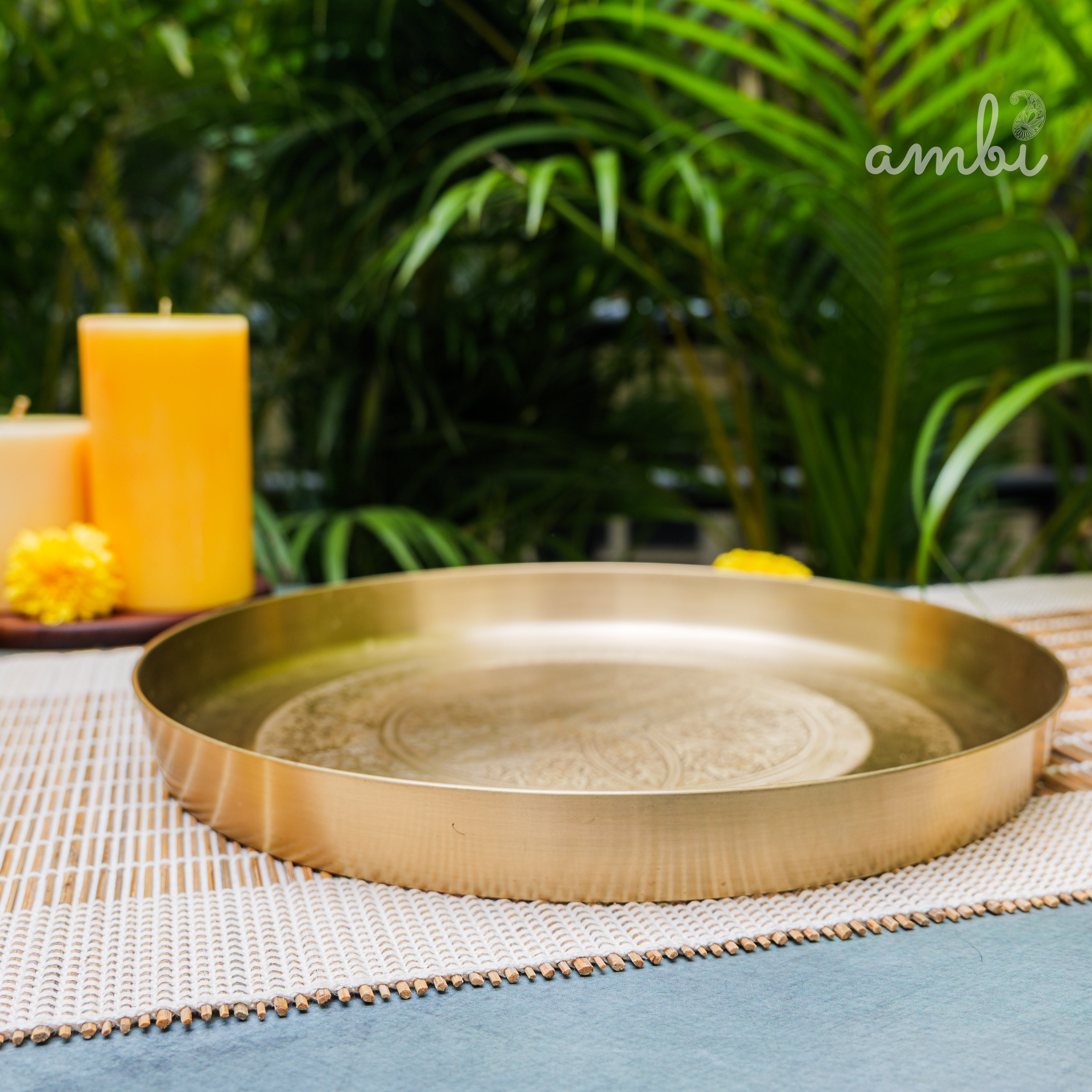 Ambi Lead Free 100% Pure Kansa Mandala Etched Puja Thali / Round Platter - 11 Inch