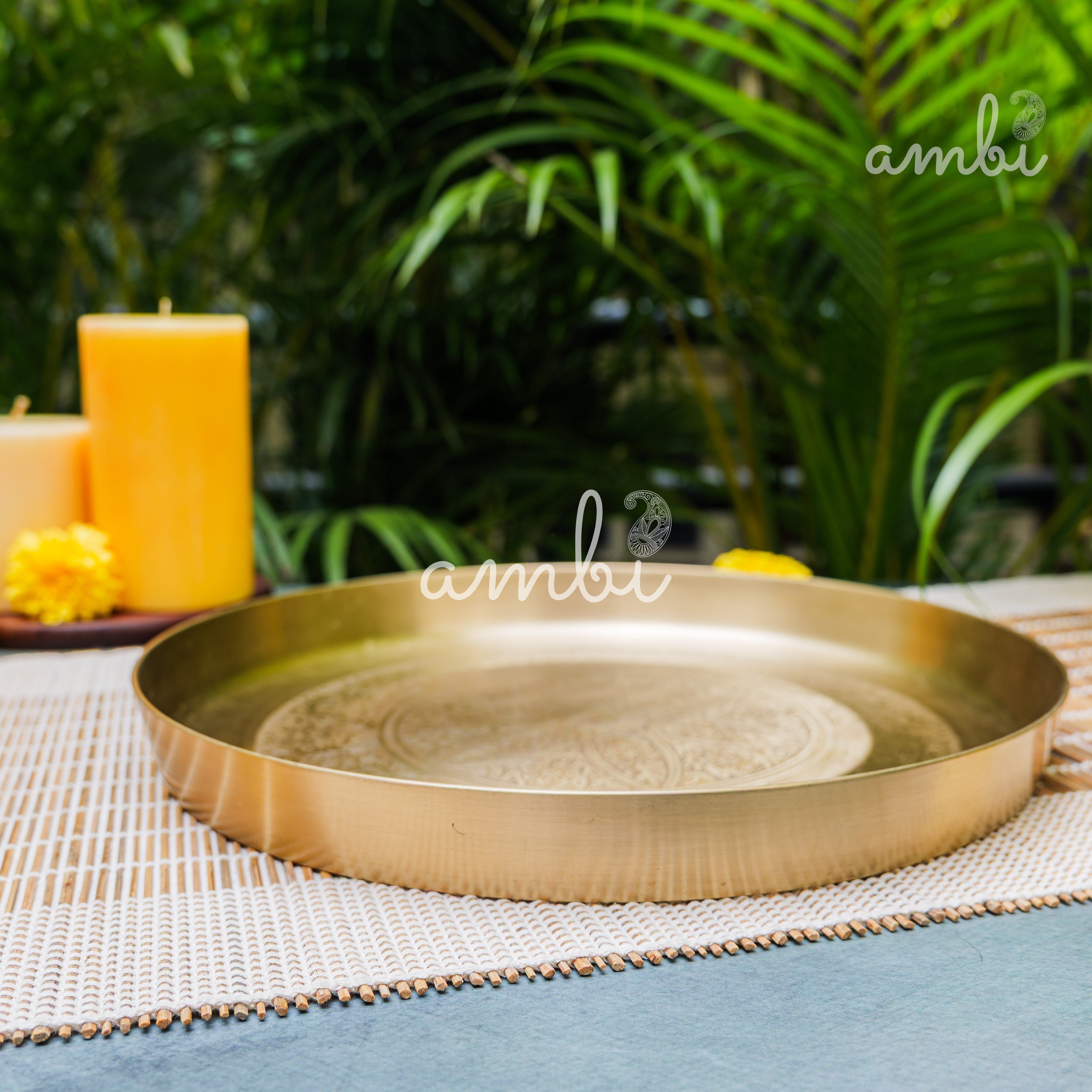 Ambi Lead Free 100% Pure Kansa Mandala Etched Puja Thali / Round Platter - 11 Inch