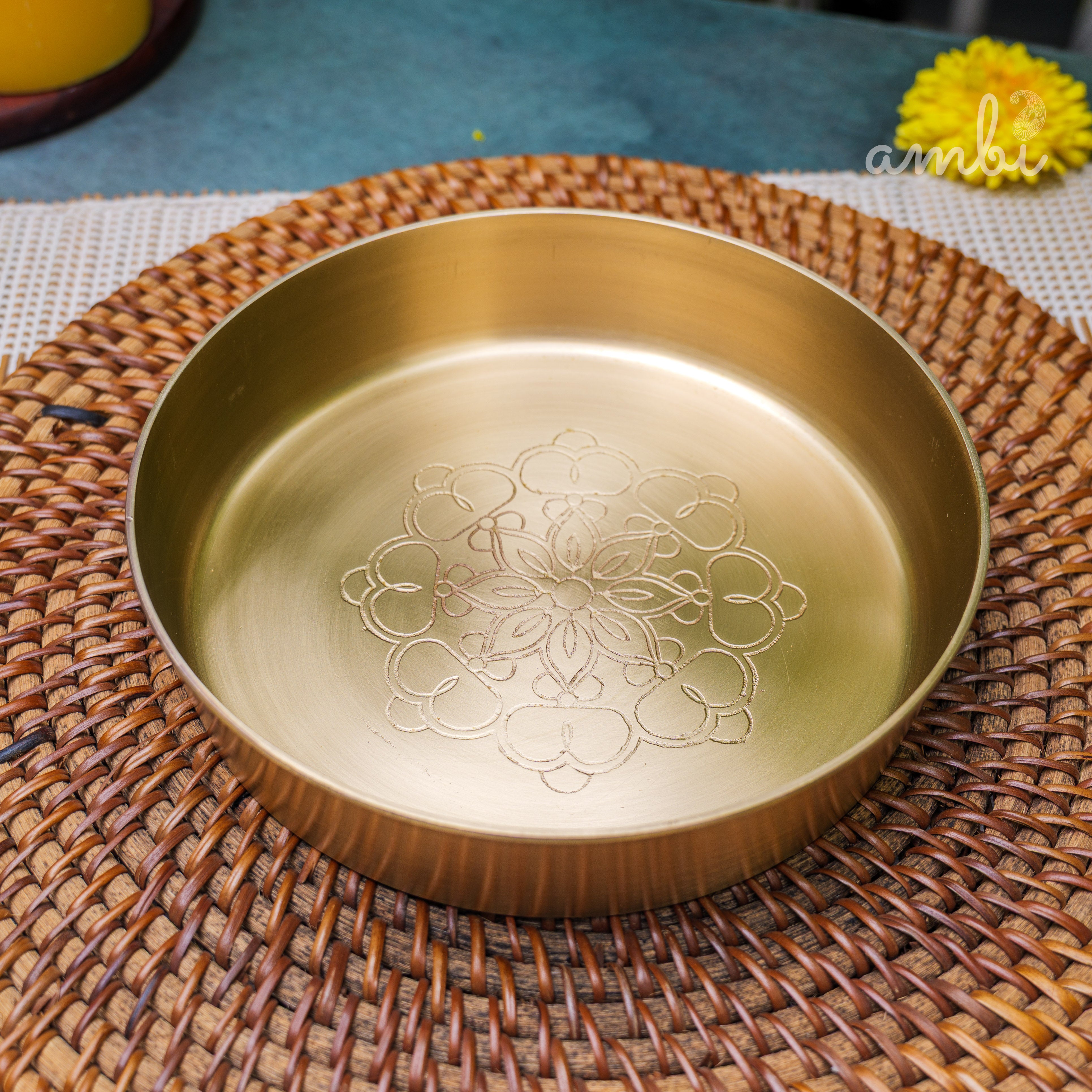 Ambi Lead Free 100% Pure Kansa Mandala Etched Thali 6.5 inch