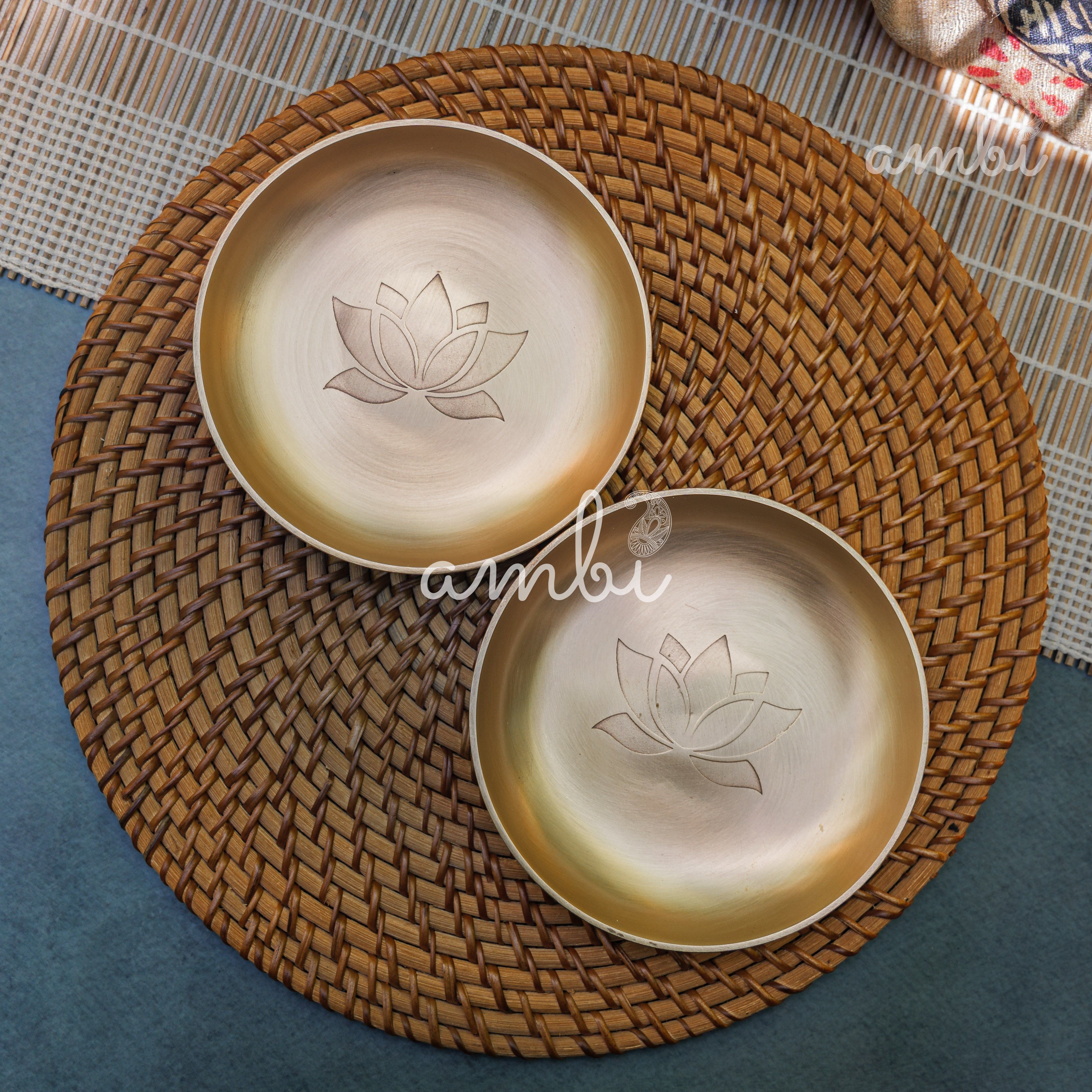 AMBI 100% Pure Lead Free Kansa Lotus Etched Small Plate | Dessert Plate | Puja Plate - 5 Inch