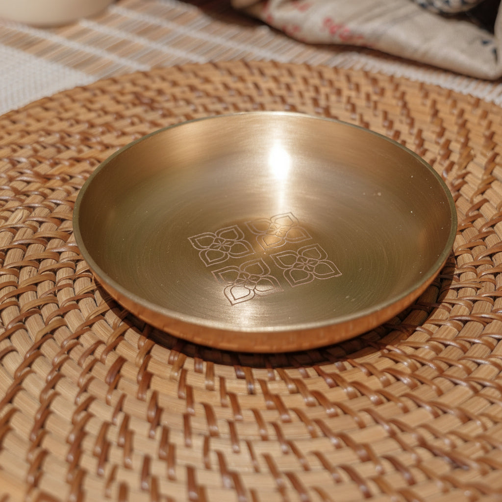 Ambi 100% Pure Lead-Free Kansa Pattern Etched Small Plate — 6 Inch High Edge | Dessert & Puja Plate