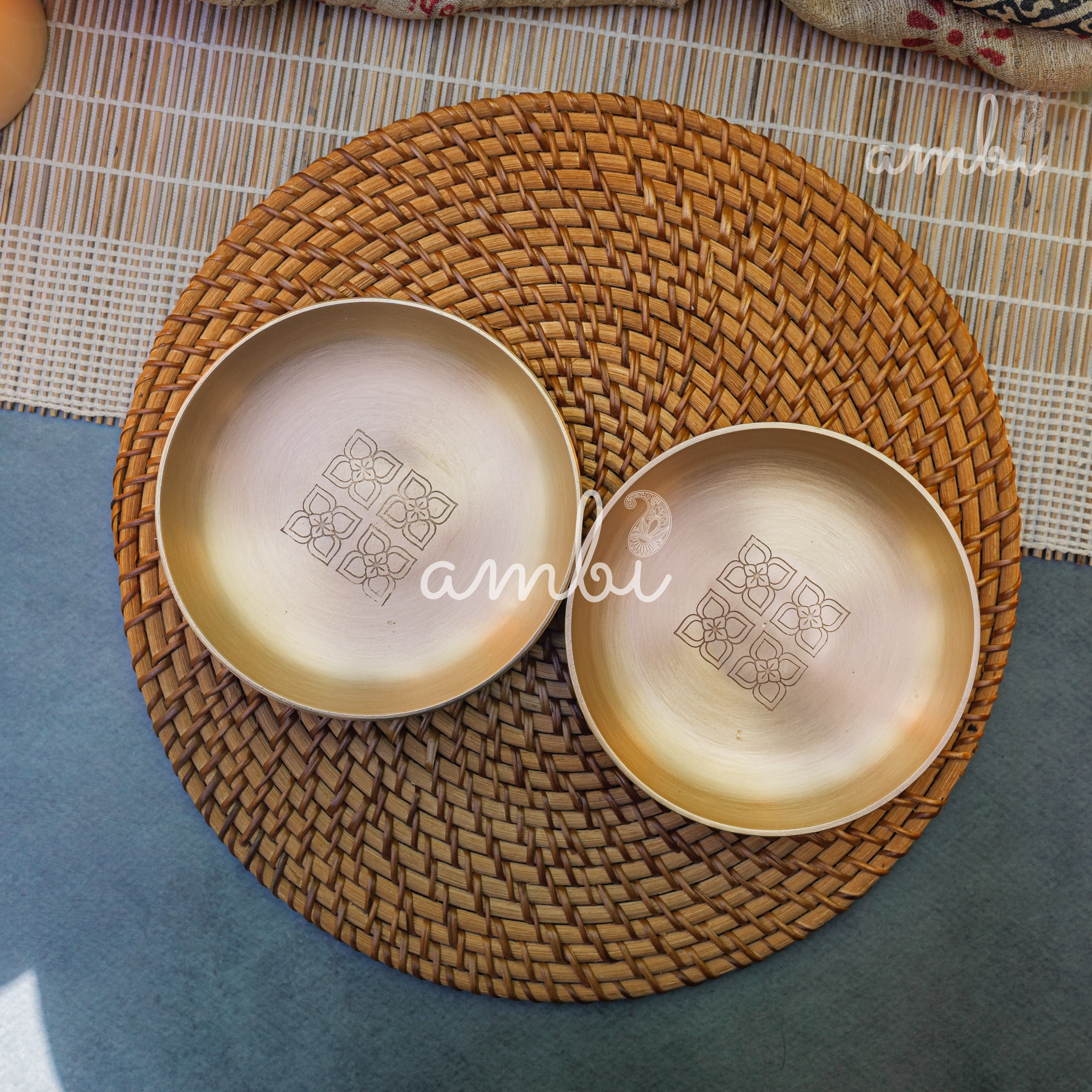 AMBI 100% Pure Lead Free Kansa Pattern Etched Small Plate for Dessert | Puja Plate - 5-Inch