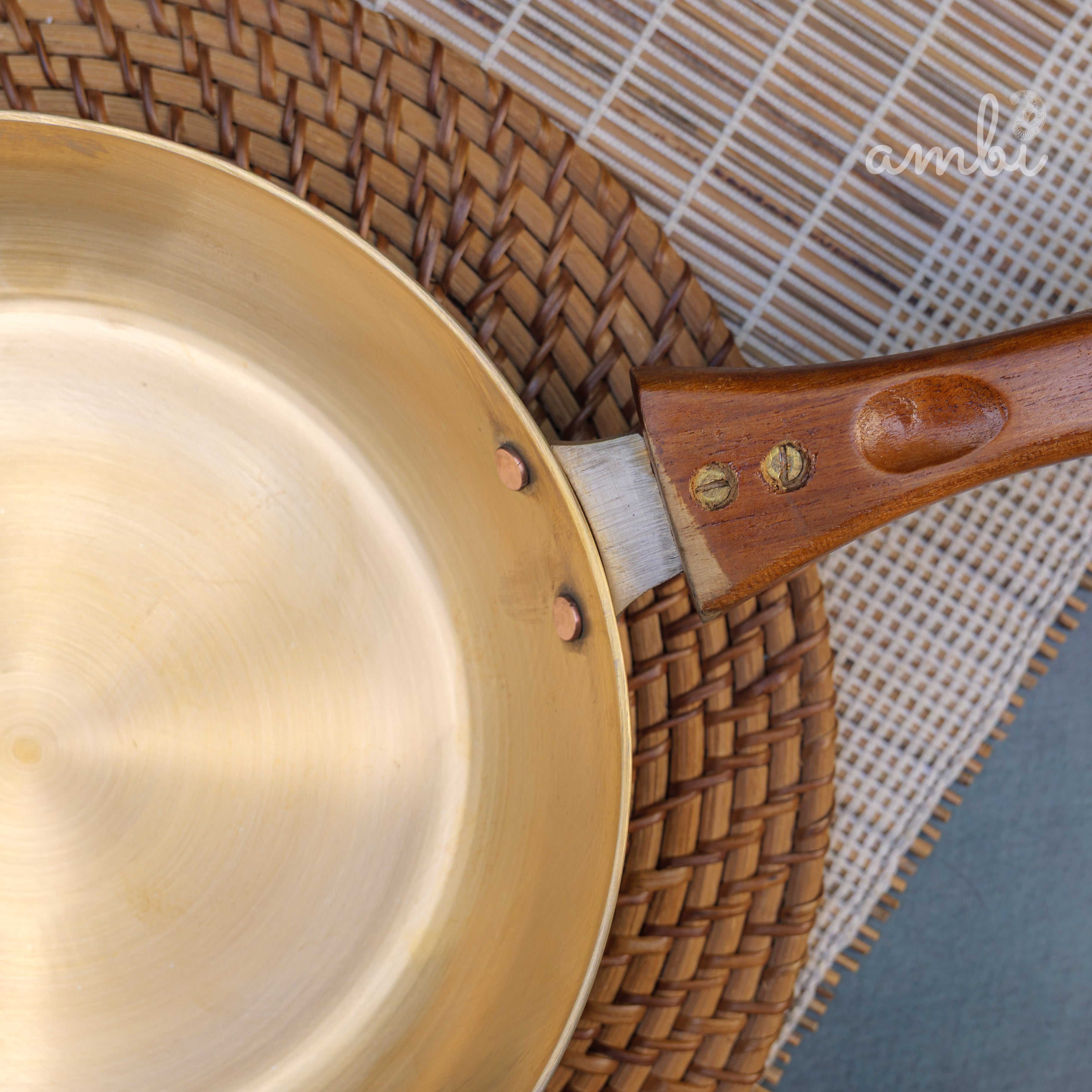 Ambi Brass Fry Pan with Wooden handle - 8 Inches Diameter