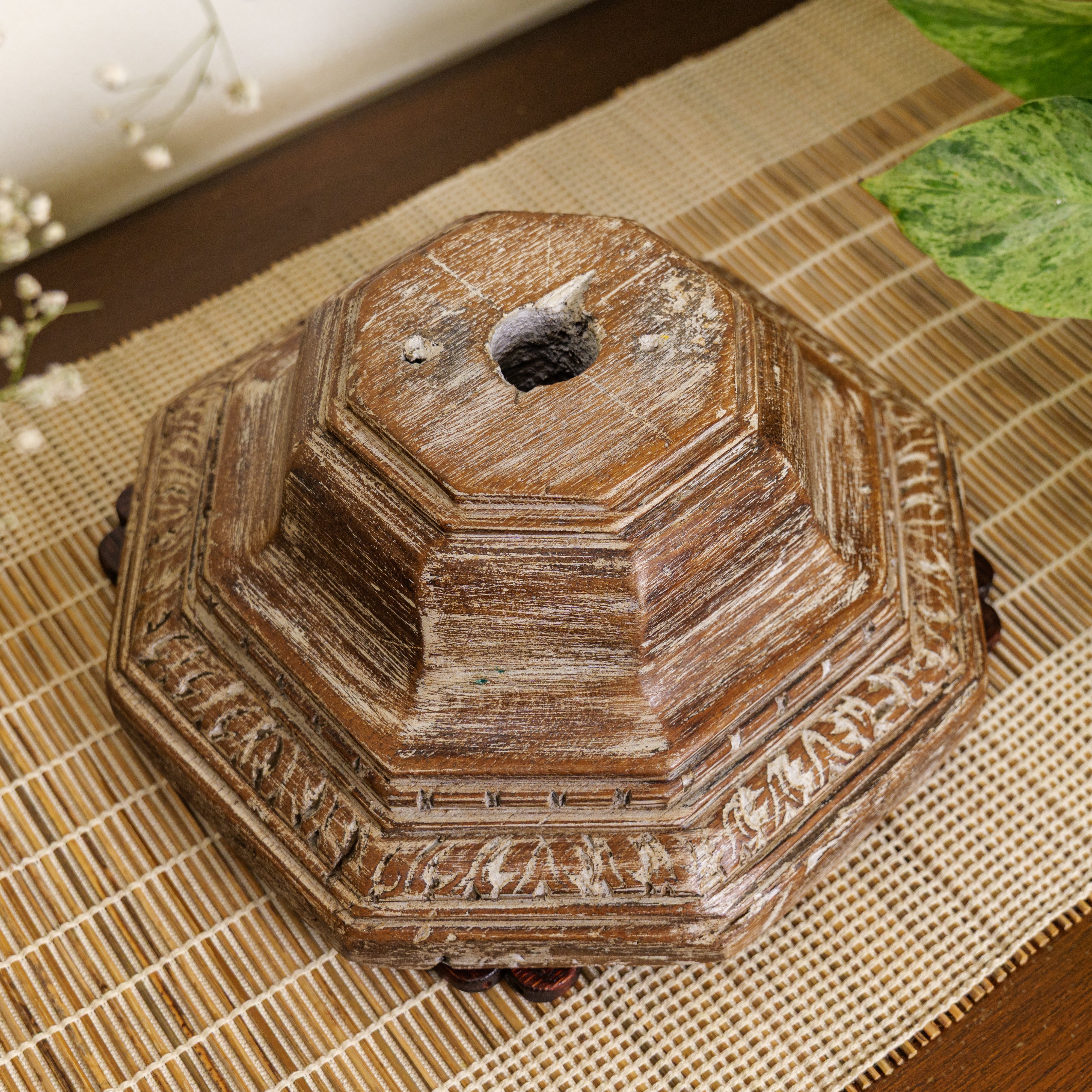 Vintage Candle Stand - Pillar Base - Carved