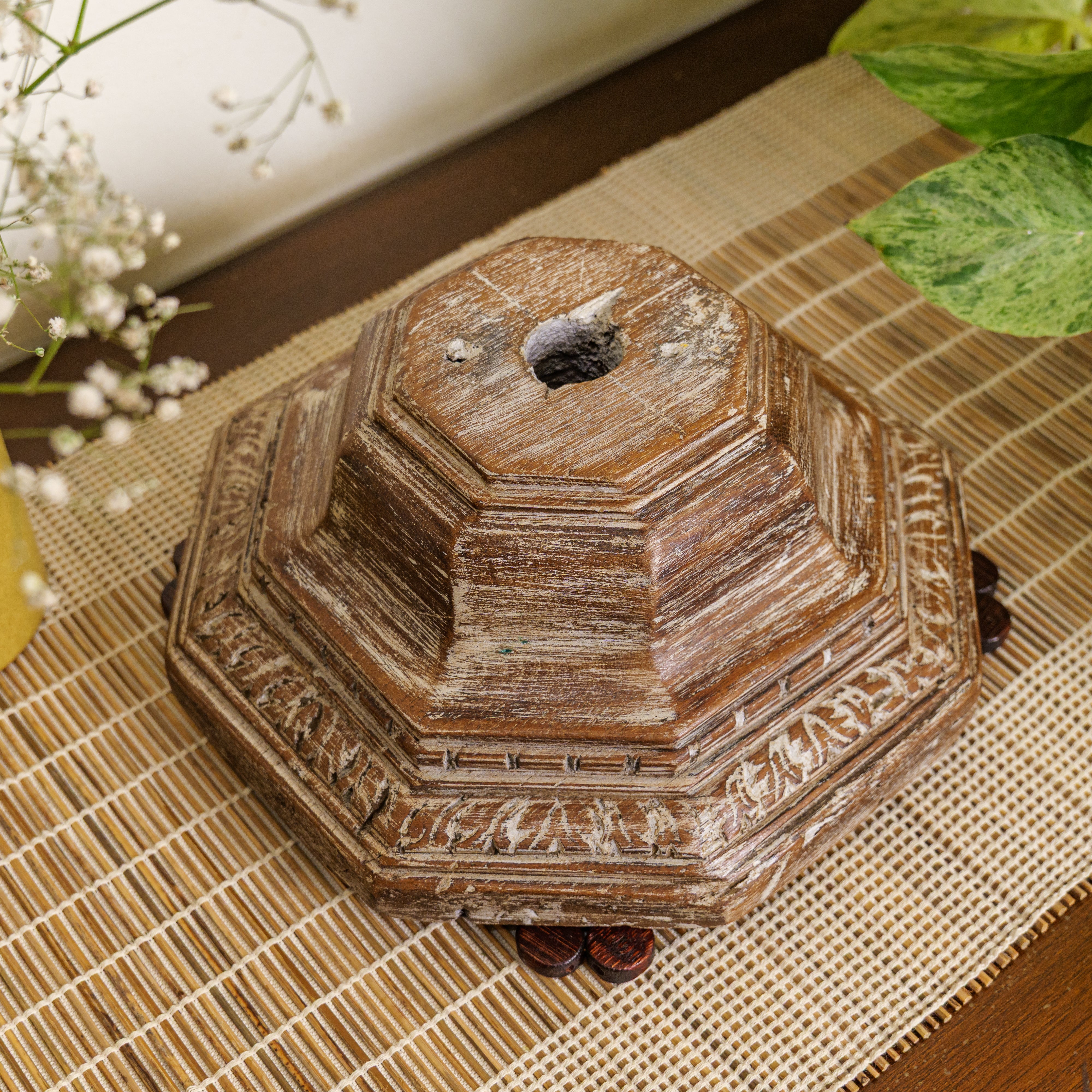 Vintage Candle Stand - Pillar Base - Carved