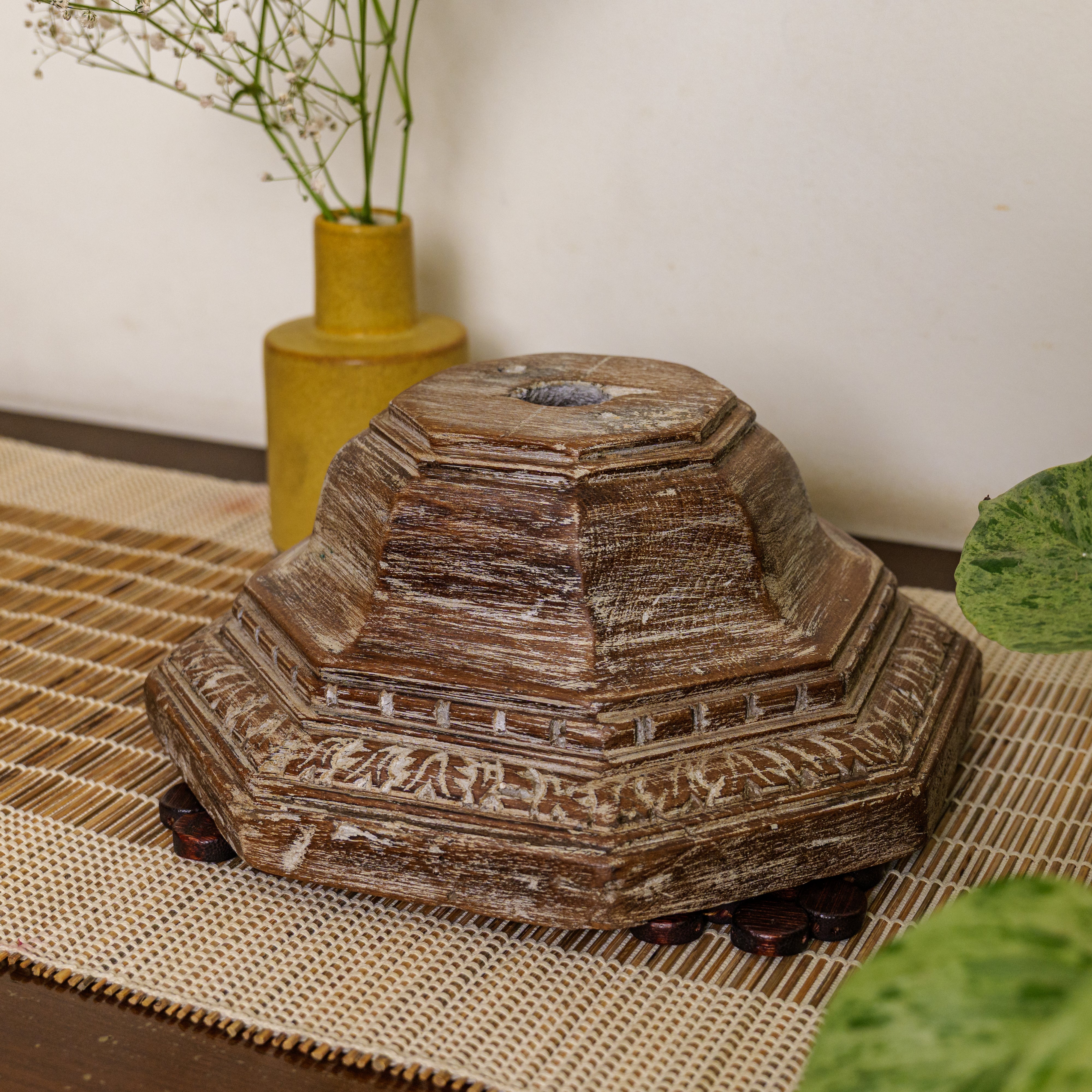 Vintage Candle Stand - Pillar Base - Carved