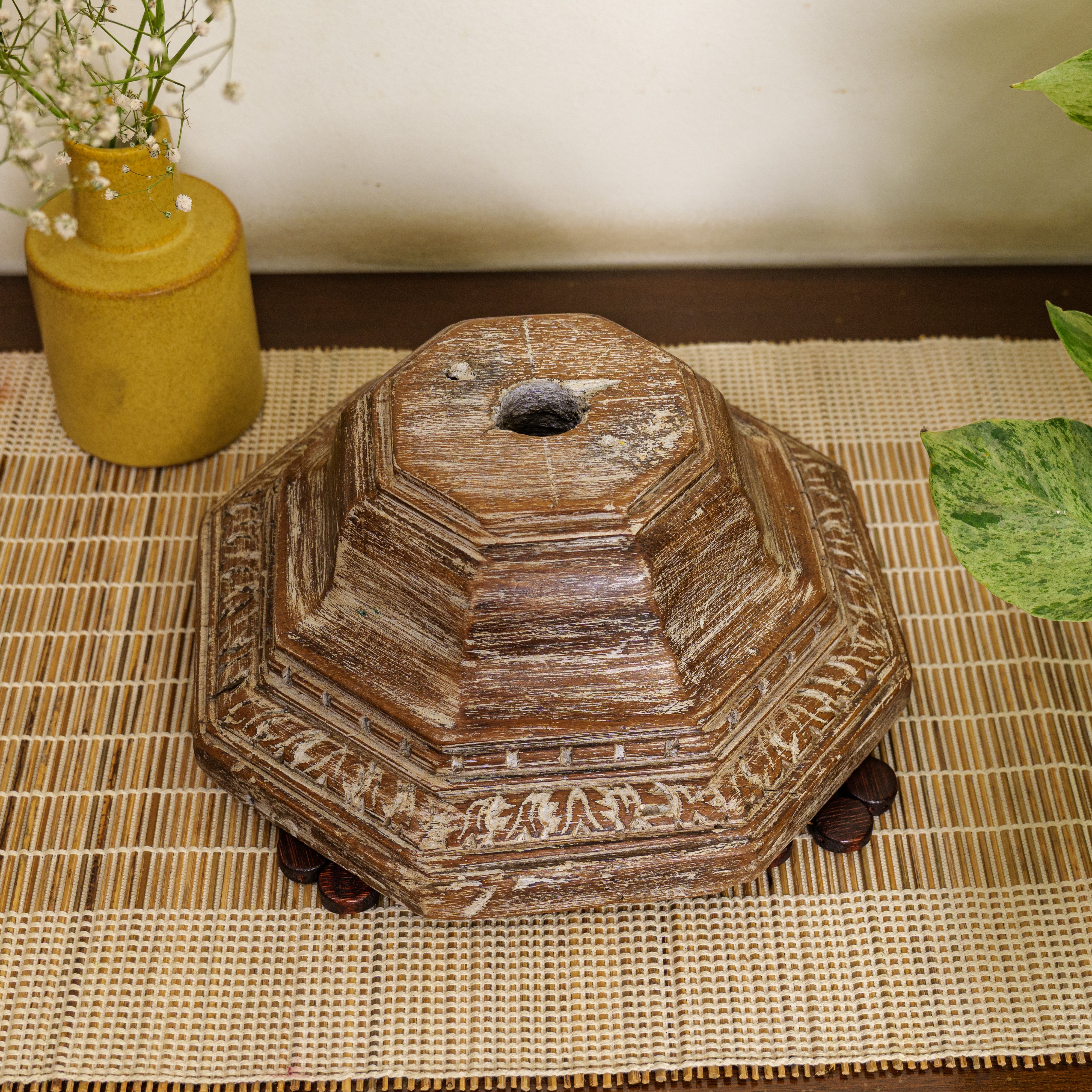 Vintage Candle Stand - Pillar Base - Carved