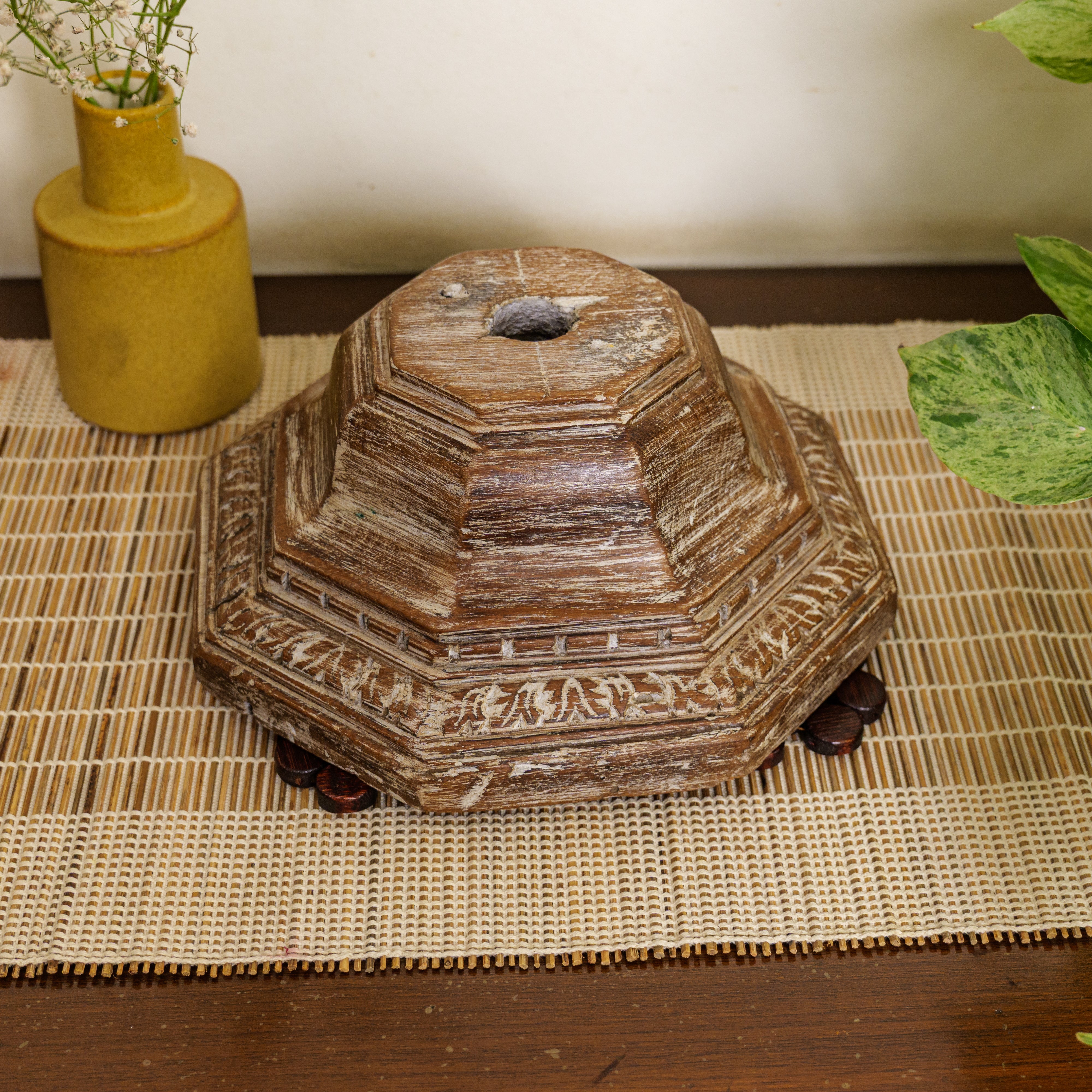 Vintage Candle Stand - Pillar Base - Carved