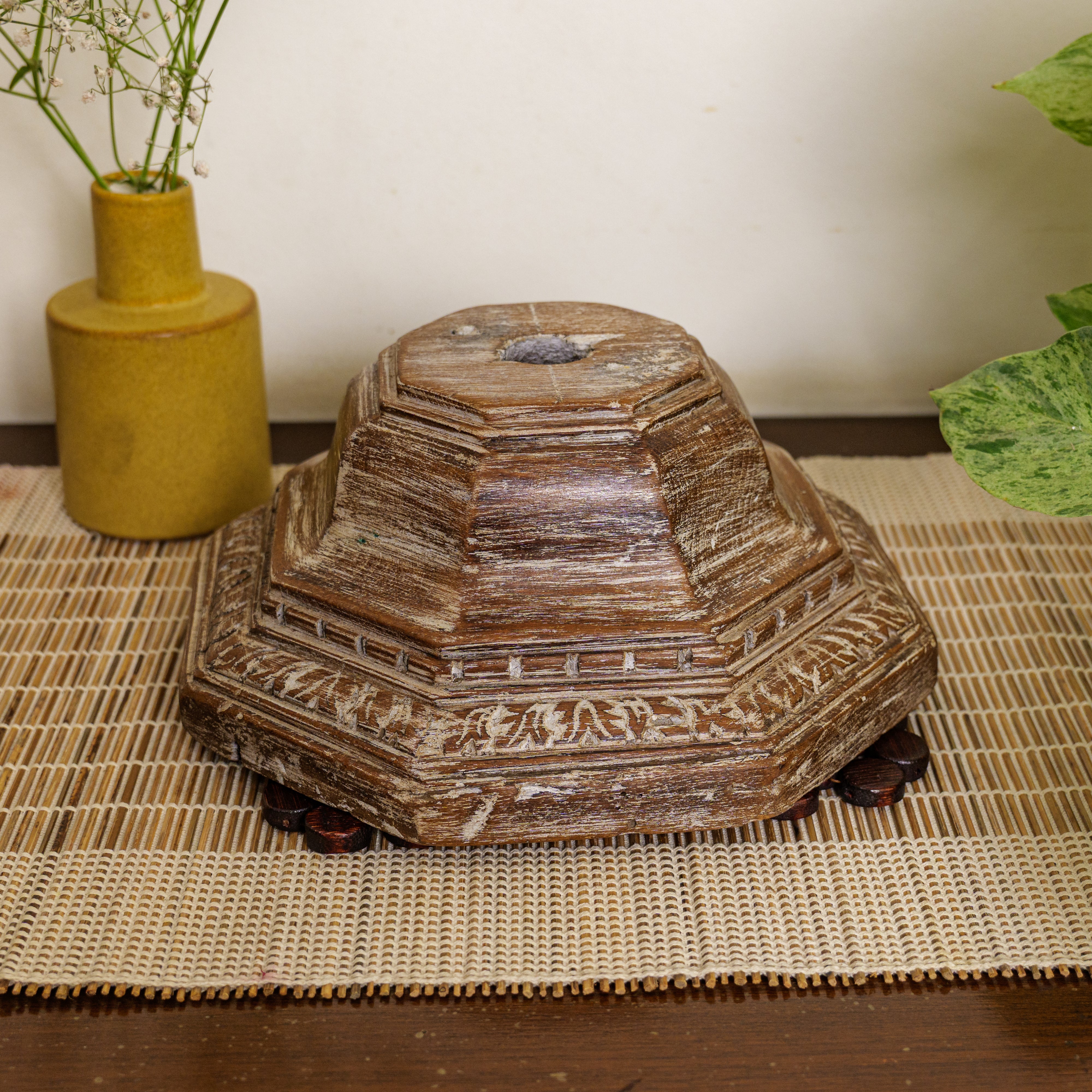 Vintage Candle Stand - Pillar Base - Carved