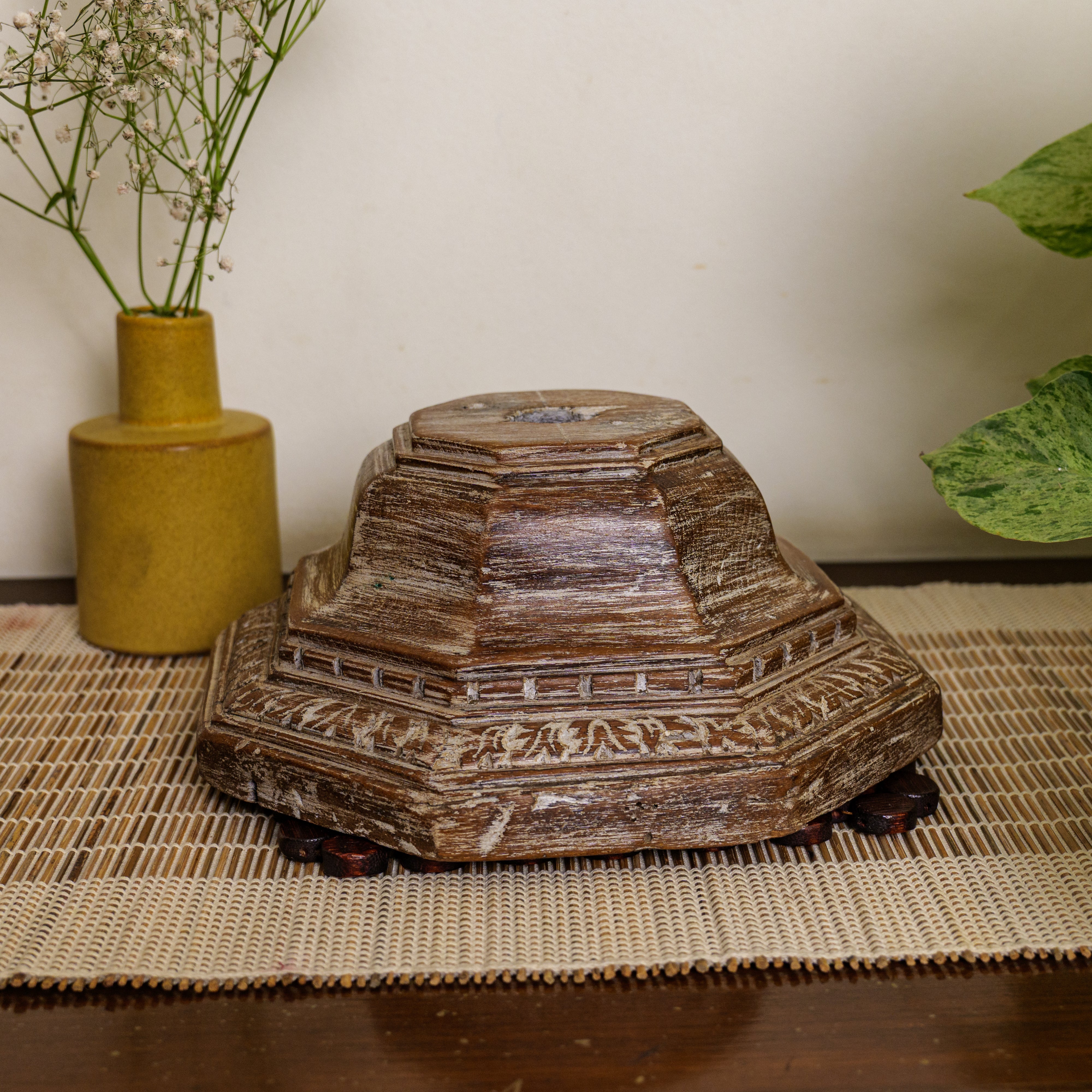 Vintage Candle Stand - Pillar Base - Carved