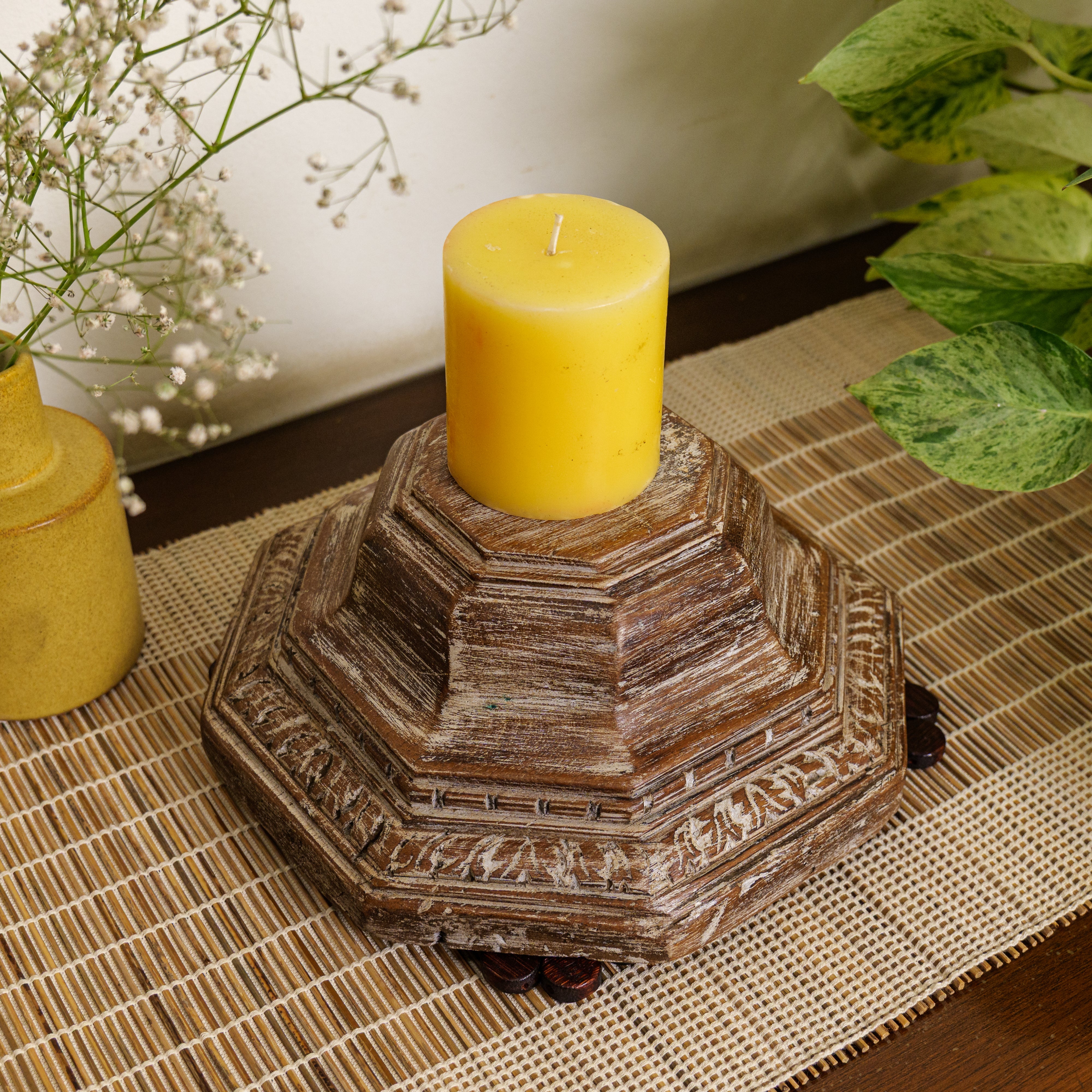 Vintage Candle Stand - Pillar Base - Carved