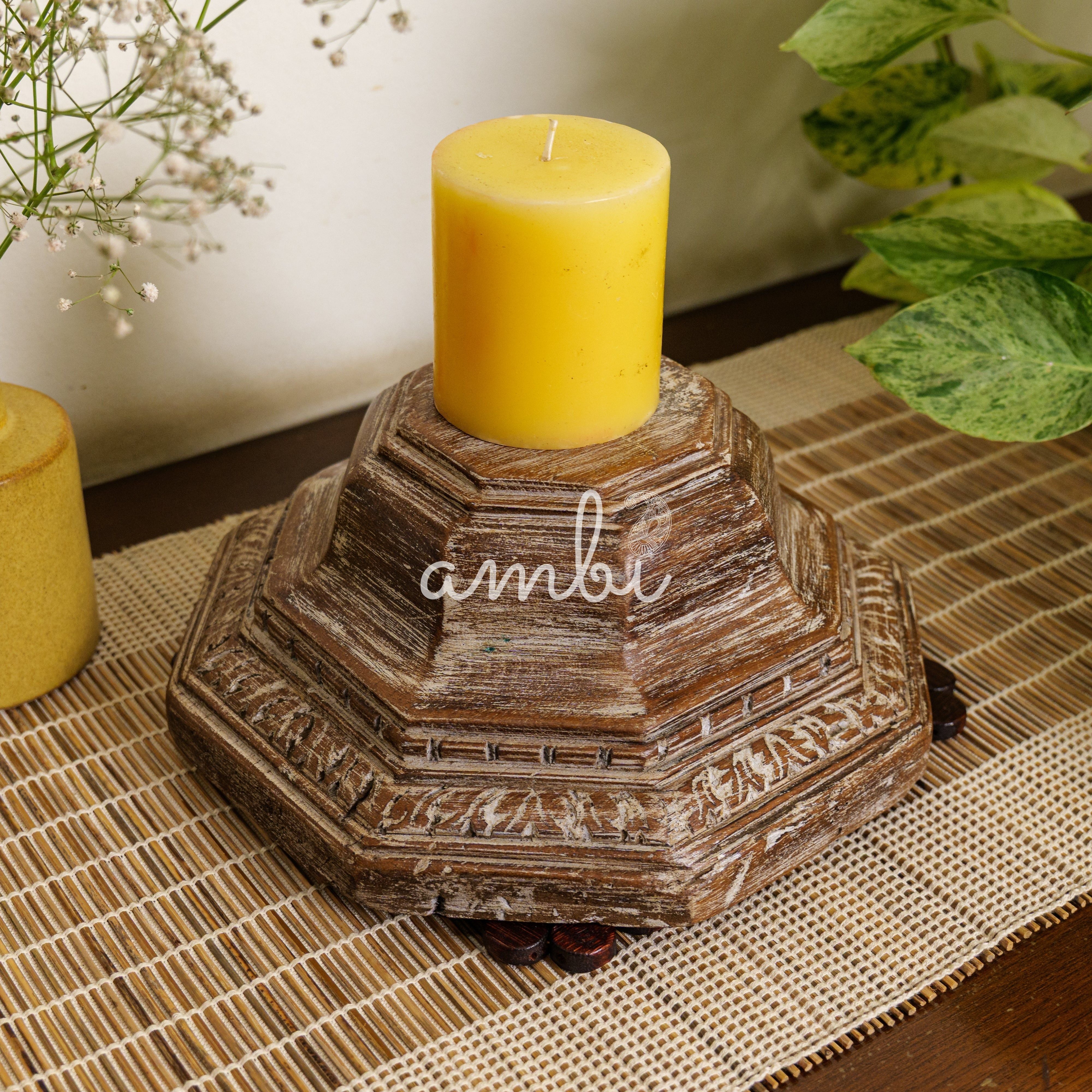 Vintage Candle Stand - Pillar Base - Carved