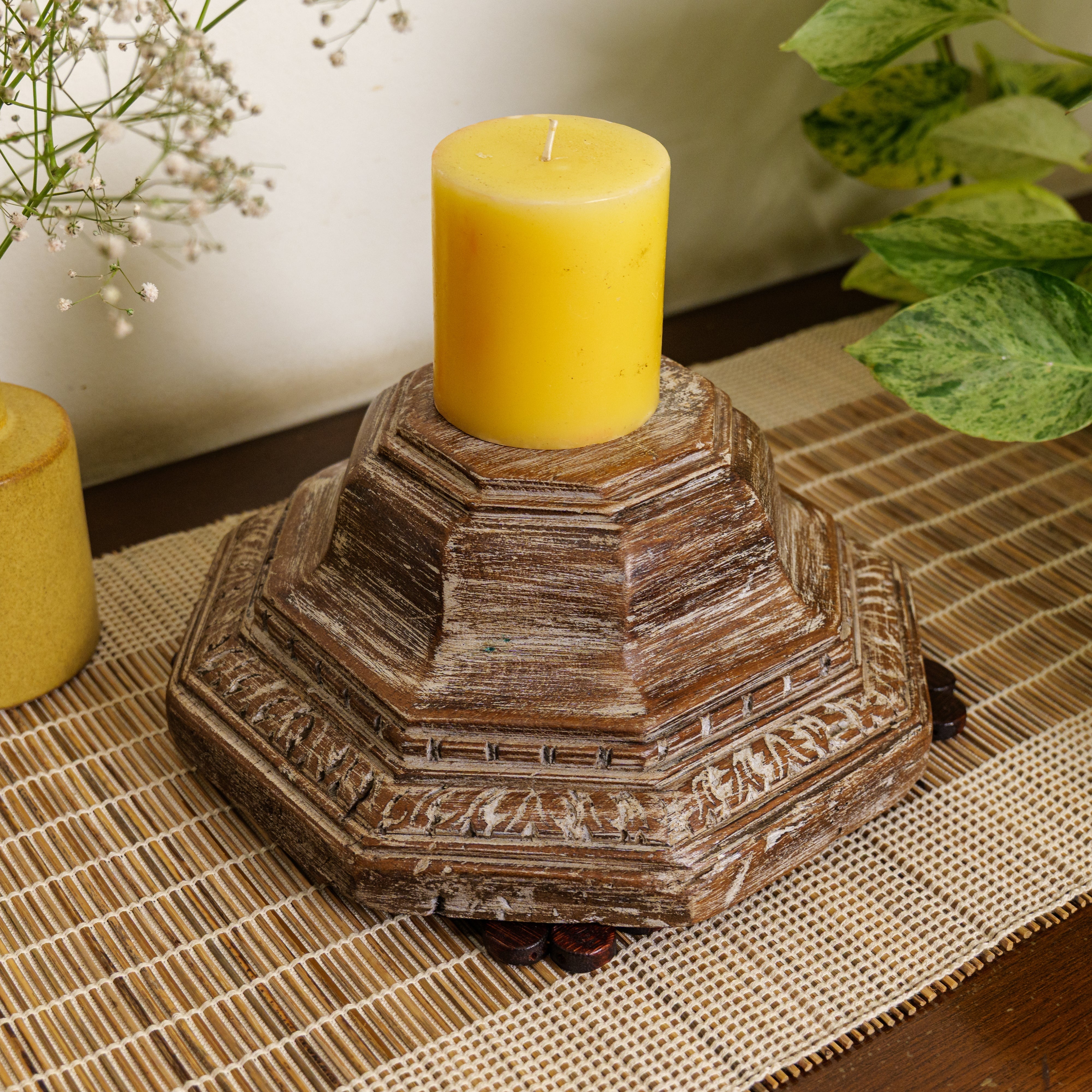 Vintage Candle Stand - Pillar Base - Carved