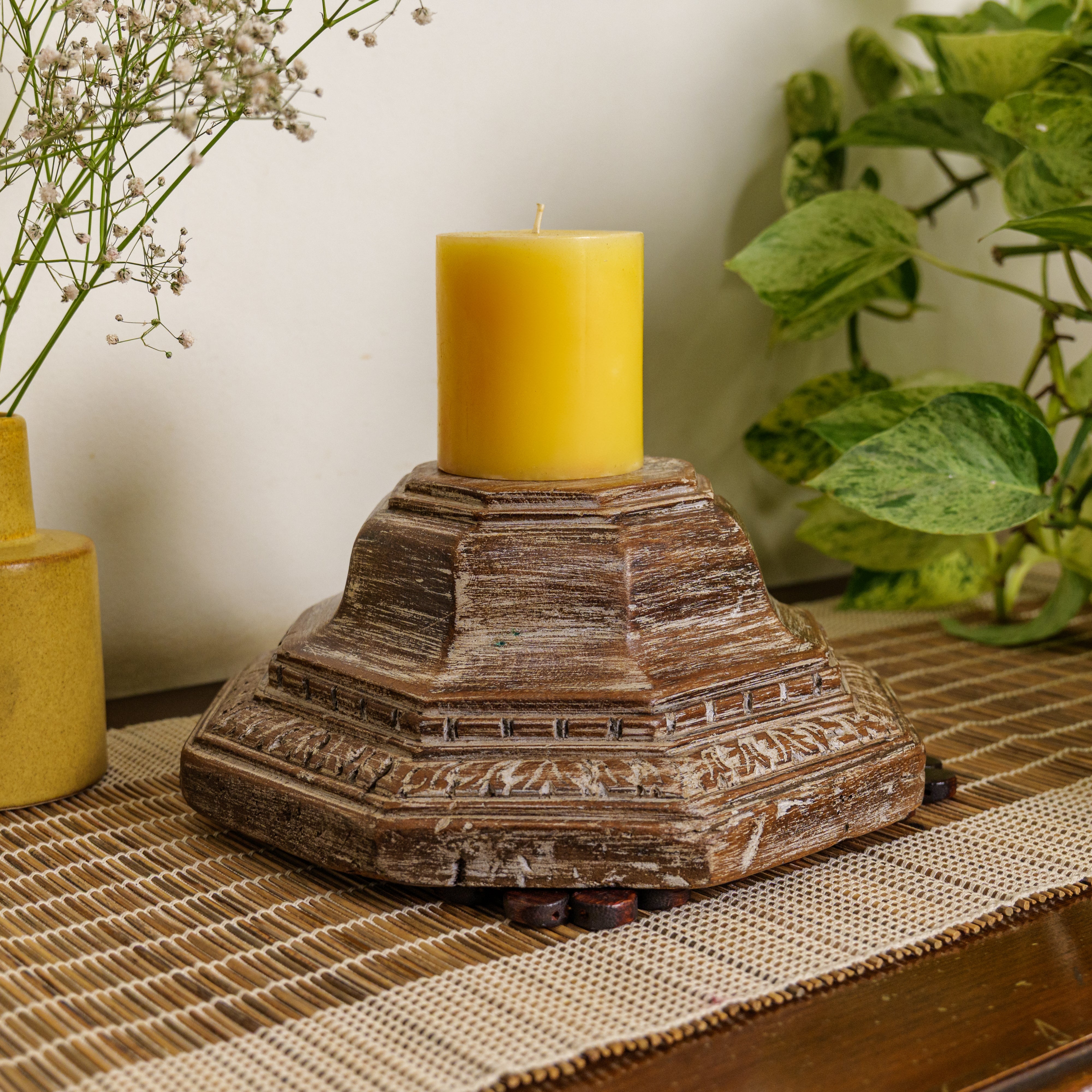 Vintage Candle Stand - Pillar Base - Carved