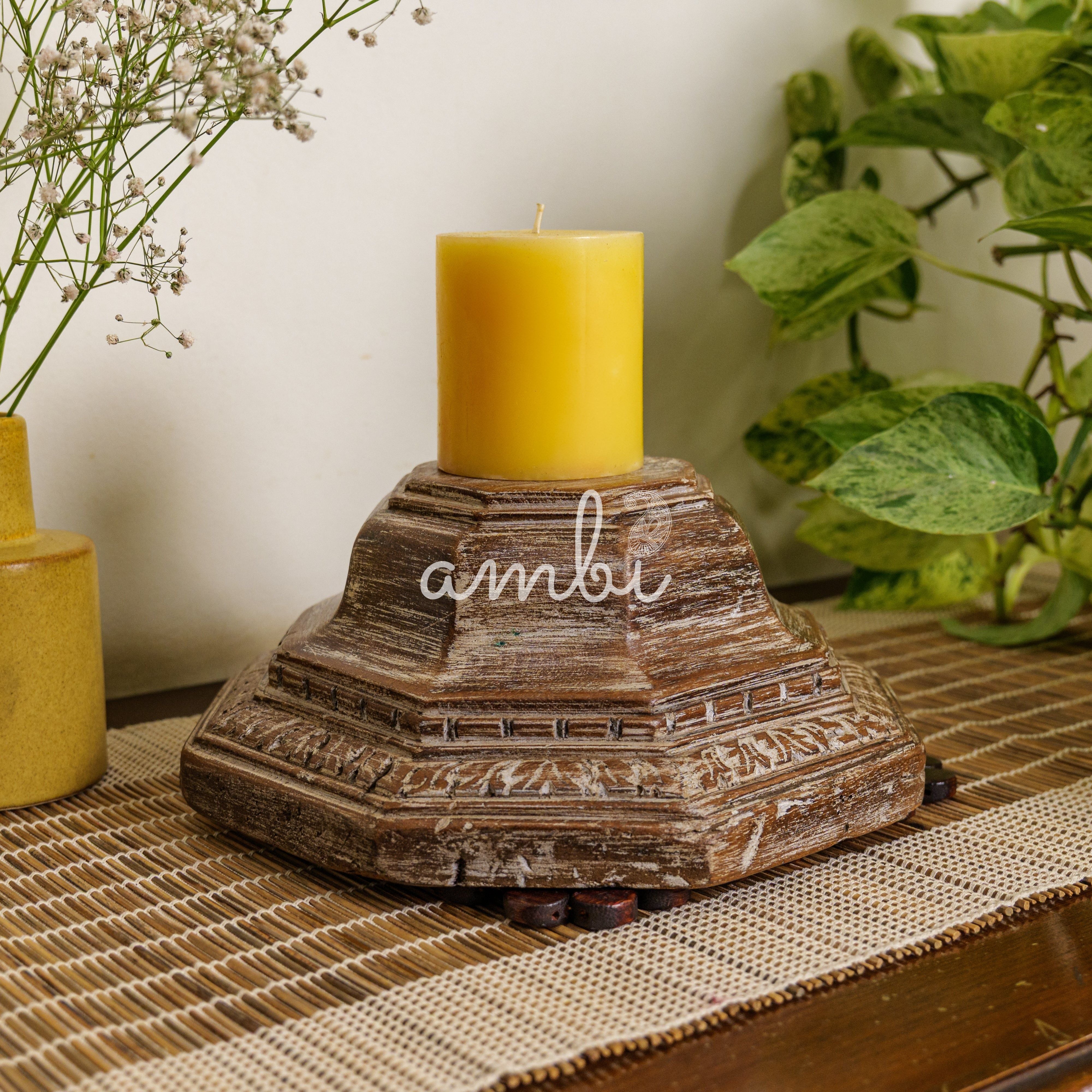 Vintage Candle Stand - Pillar Base - Carved