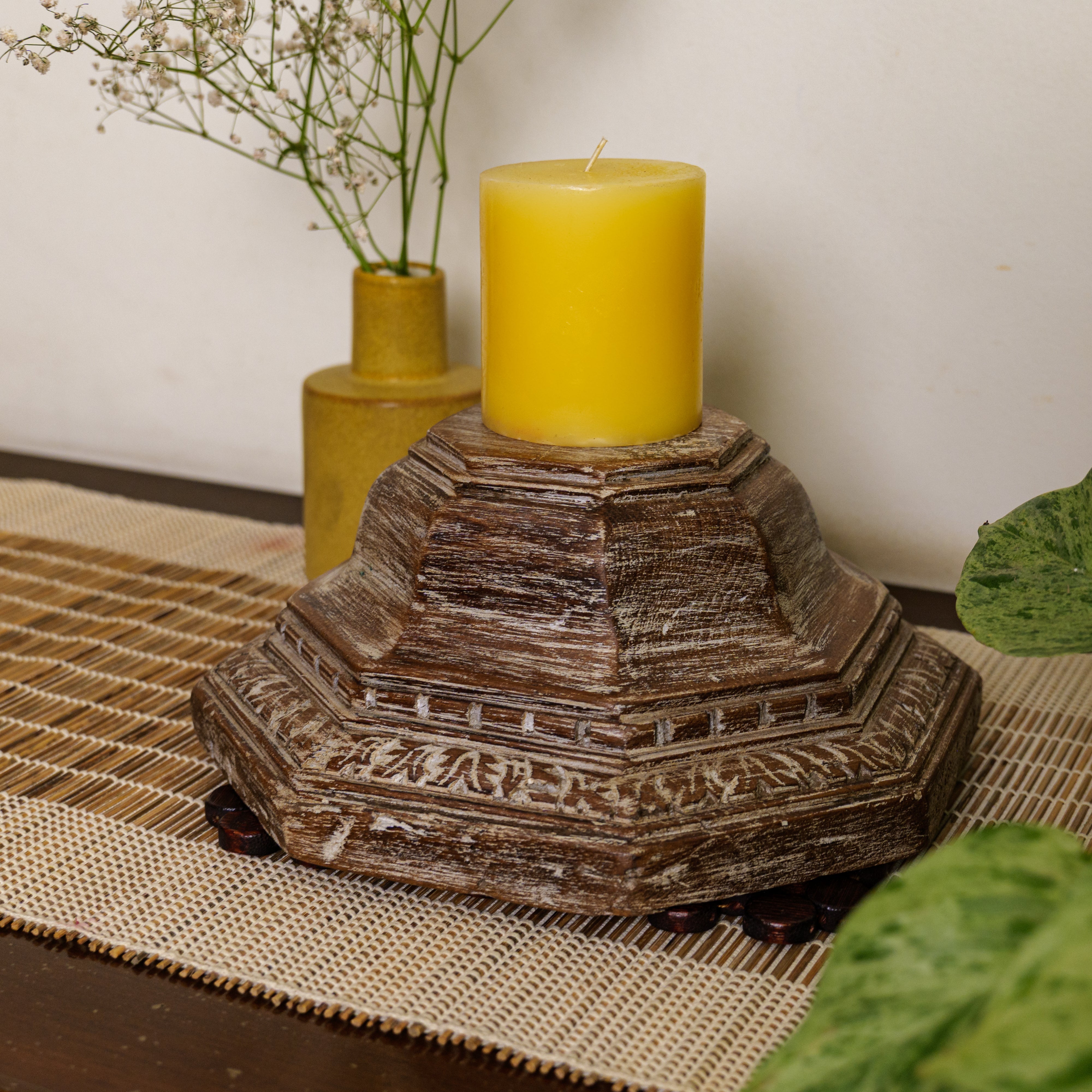 Vintage Candle Stand - Pillar Base - Carved