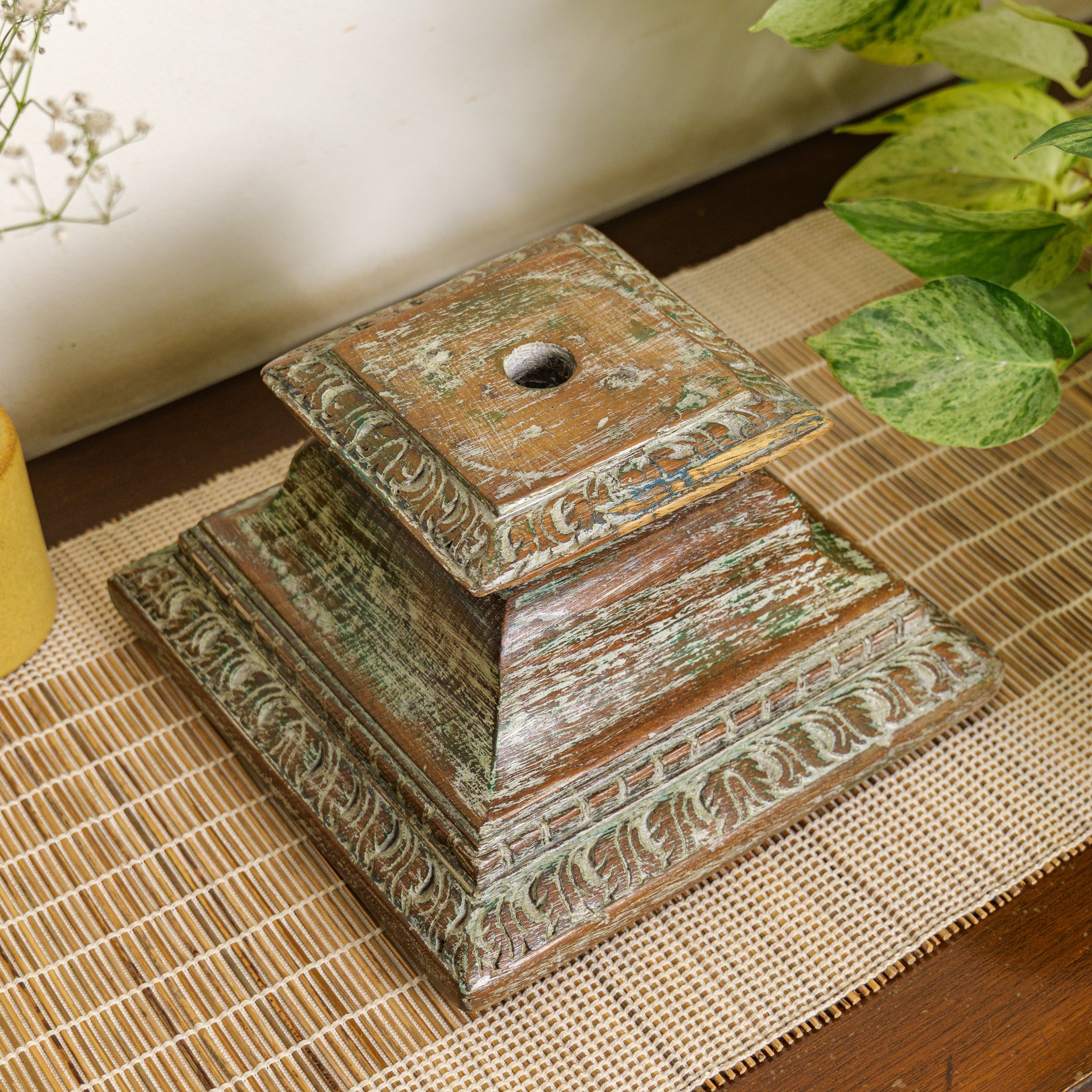 Vintage Candle Stand - Pillar Base - Rectangular Carved