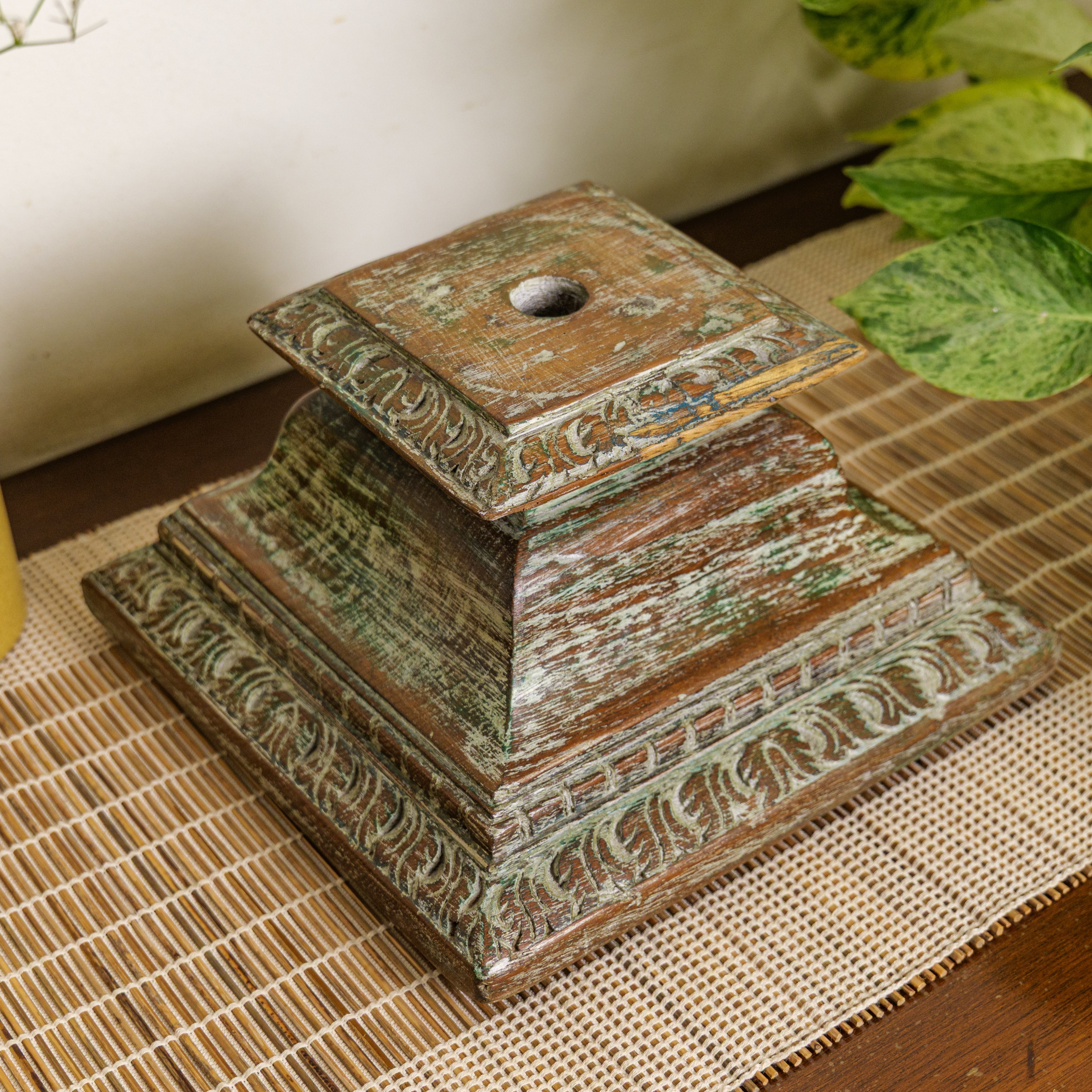 Vintage Candle Stand - Pillar Base - Rectangular Carved