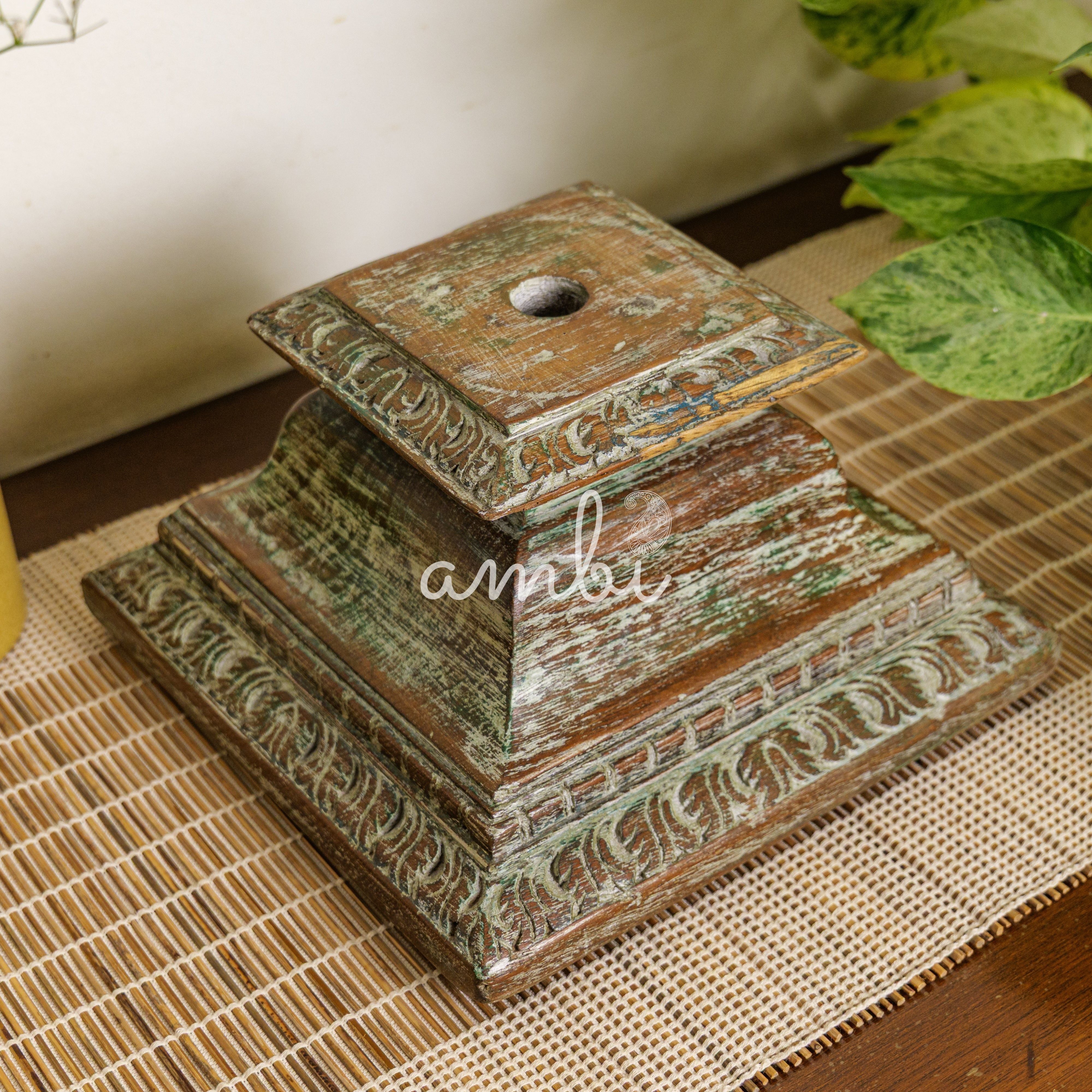 Vintage Candle Stand - Pillar Base - Rectangular Carved