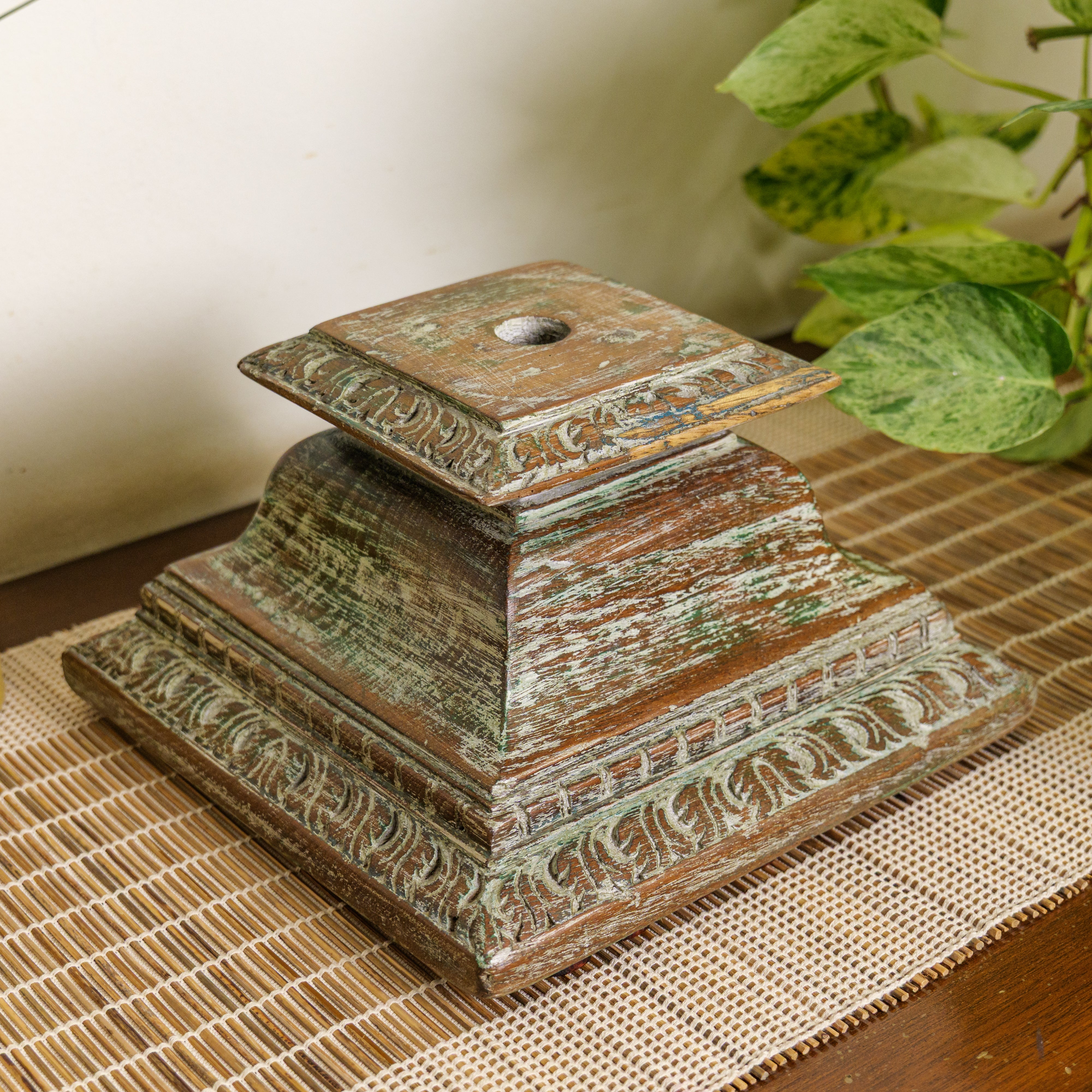 Vintage Candle Stand - Pillar Base - Rectangular Carved