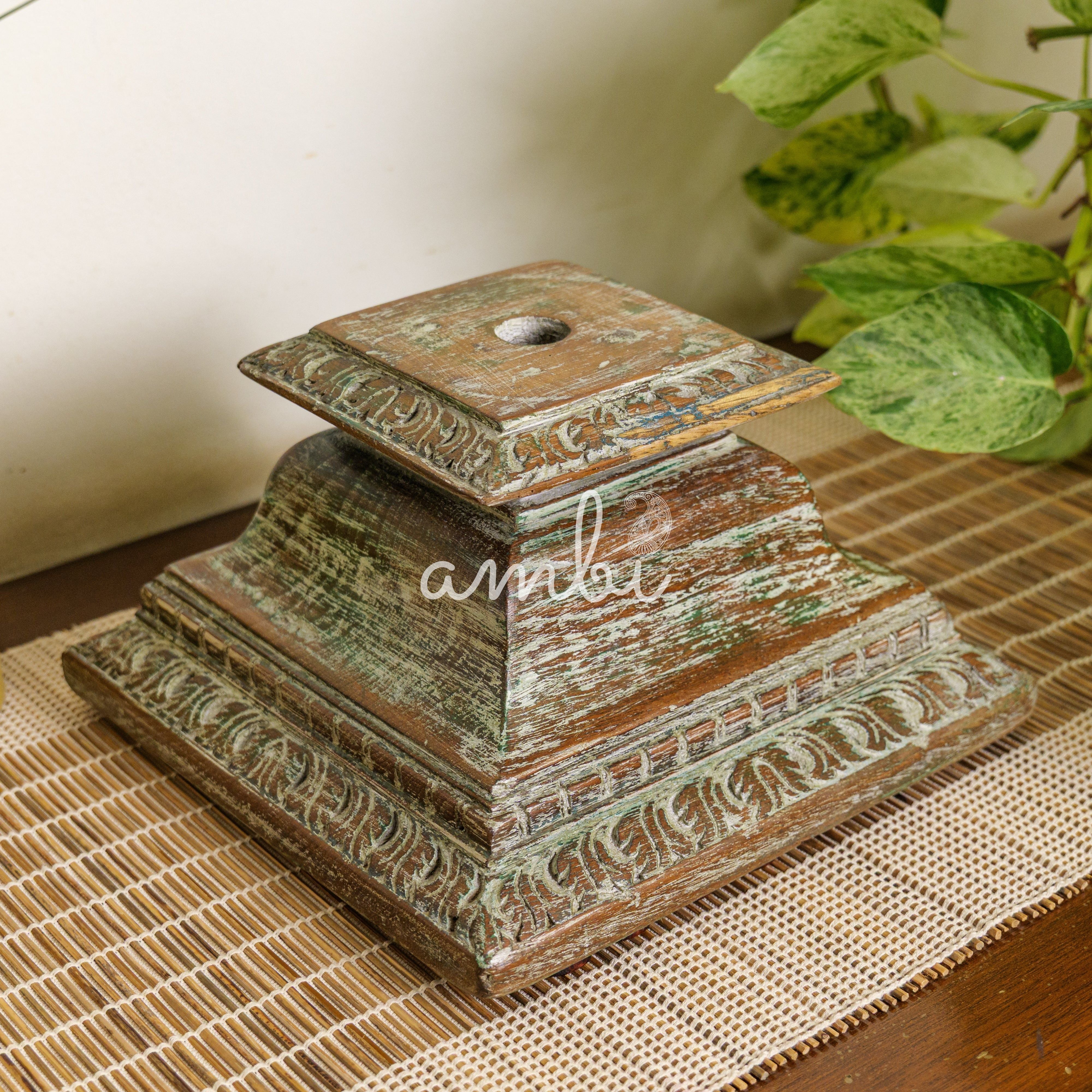 Vintage Candle Stand - Pillar Base - Rectangular Carved