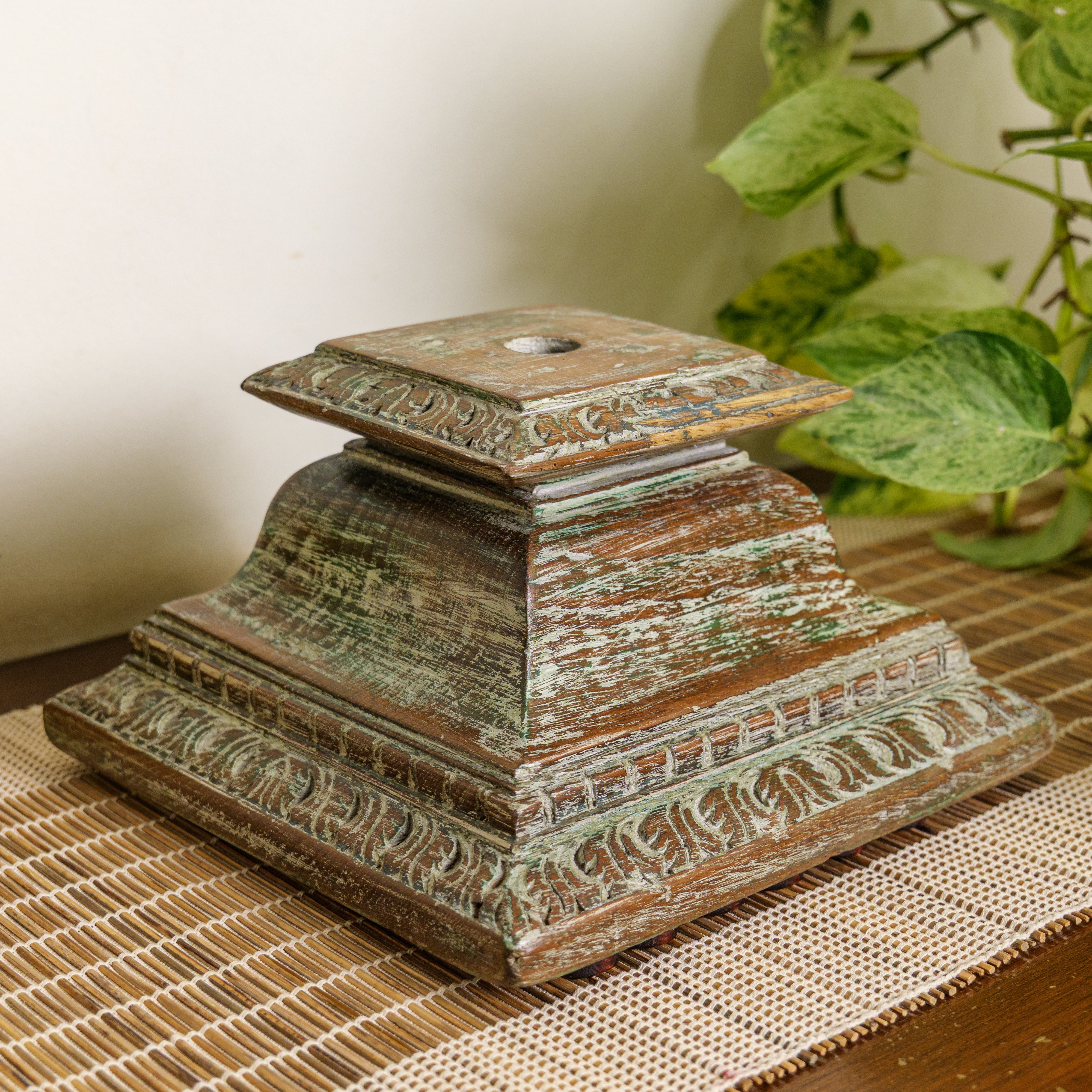 Vintage Candle Stand - Pillar Base - Rectangular Carved