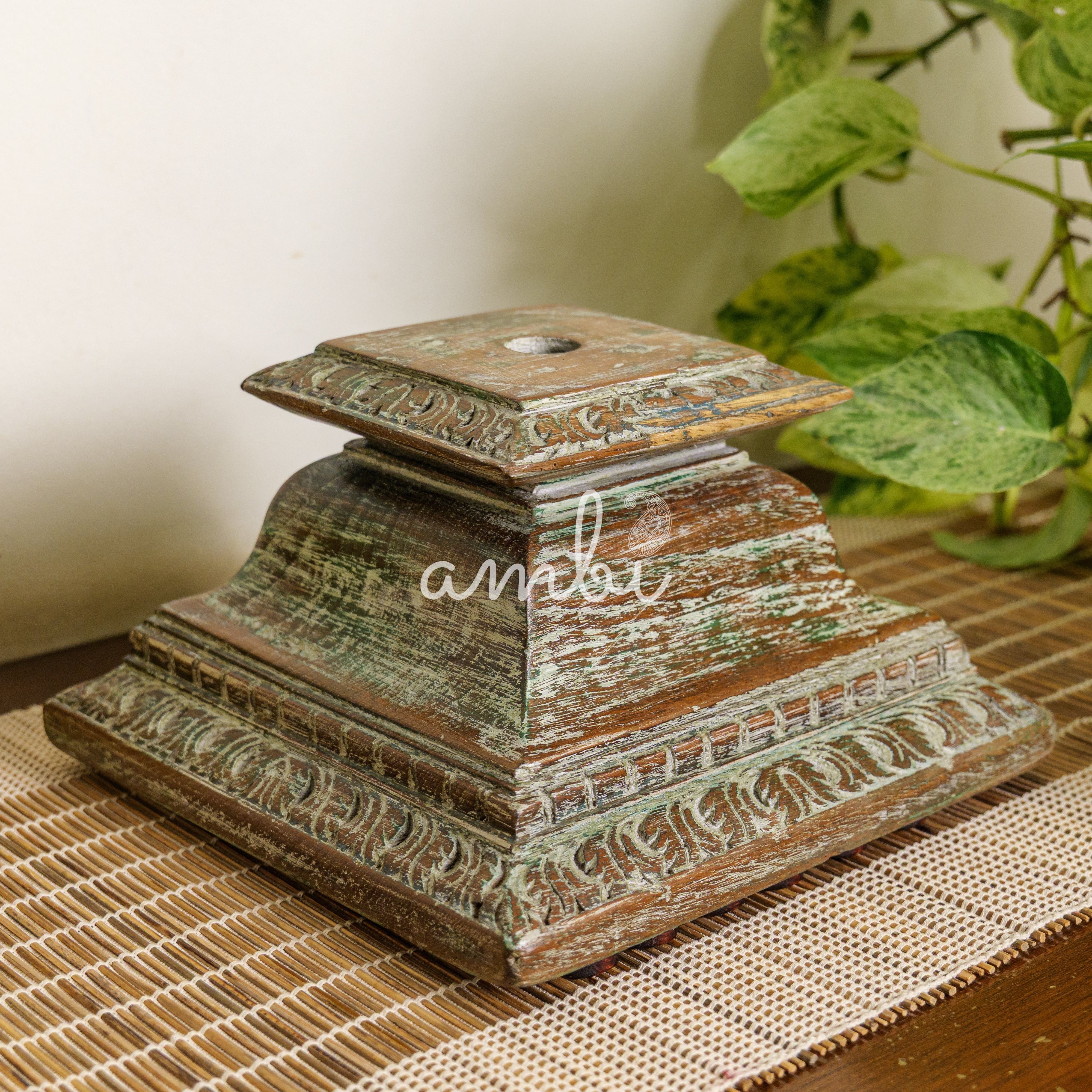 Vintage Candle Stand - Pillar Base - Rectangular Carved