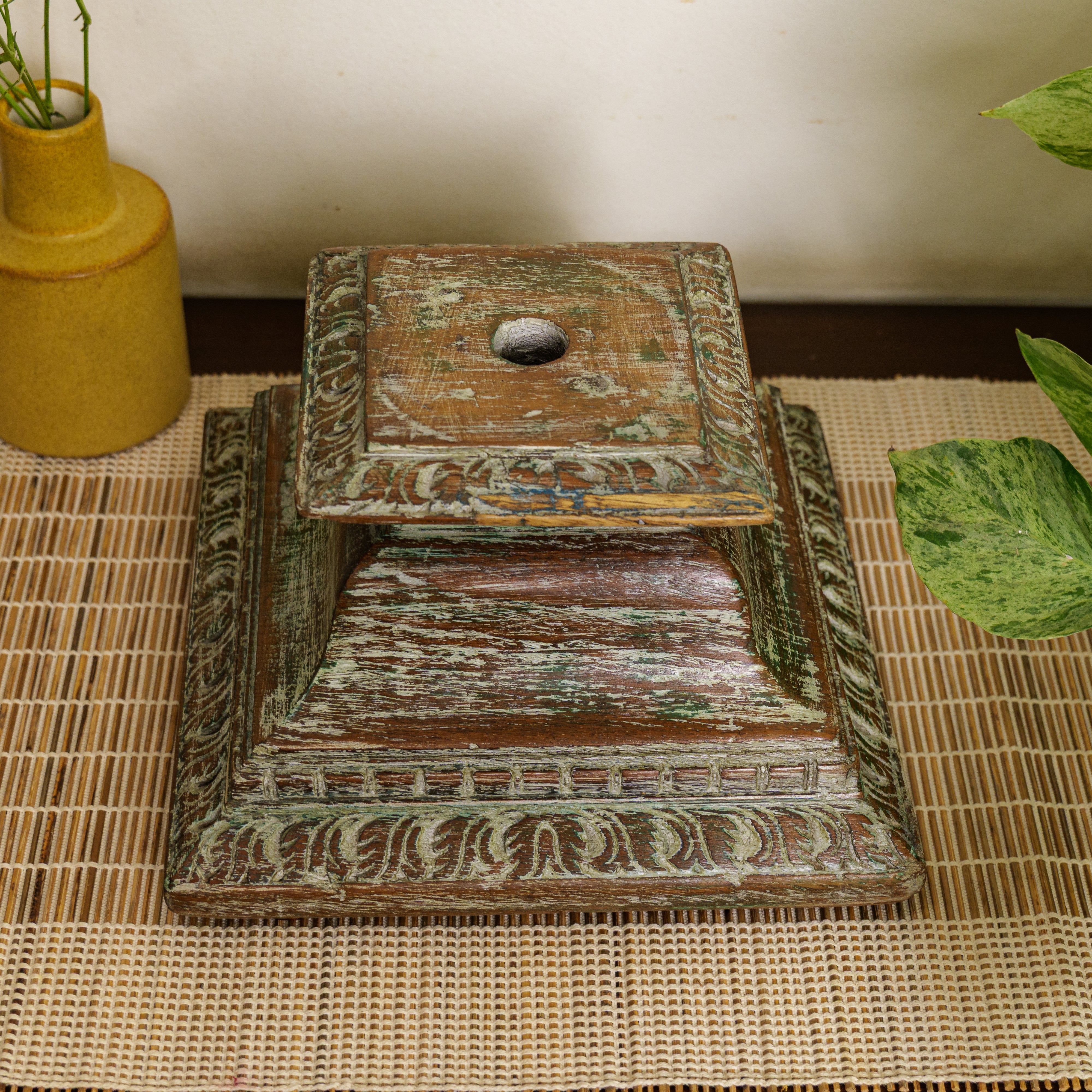 Vintage Candle Stand - Pillar Base - Rectangular Carved