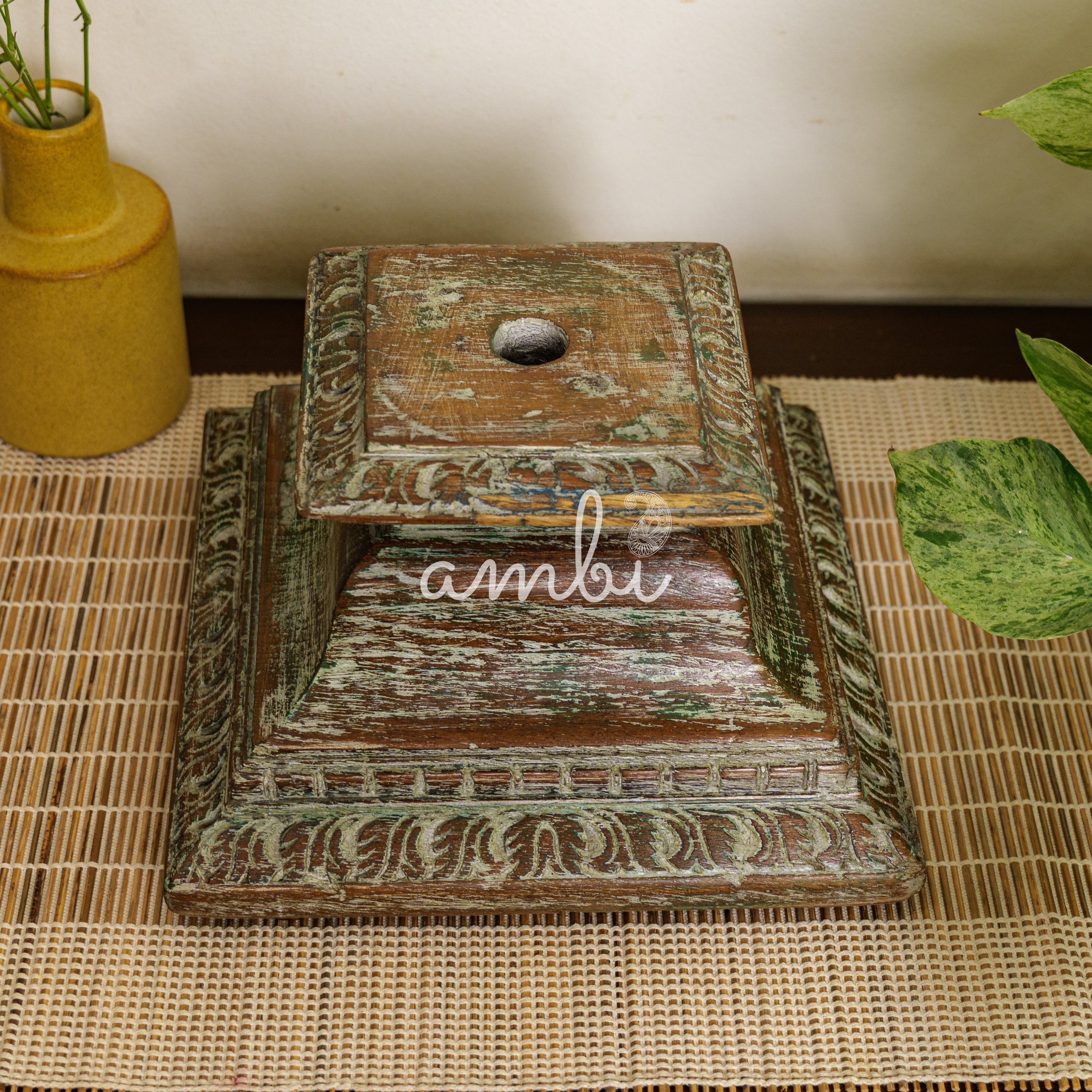 Vintage Candle Stand - Pillar Base - Rectangular Carved