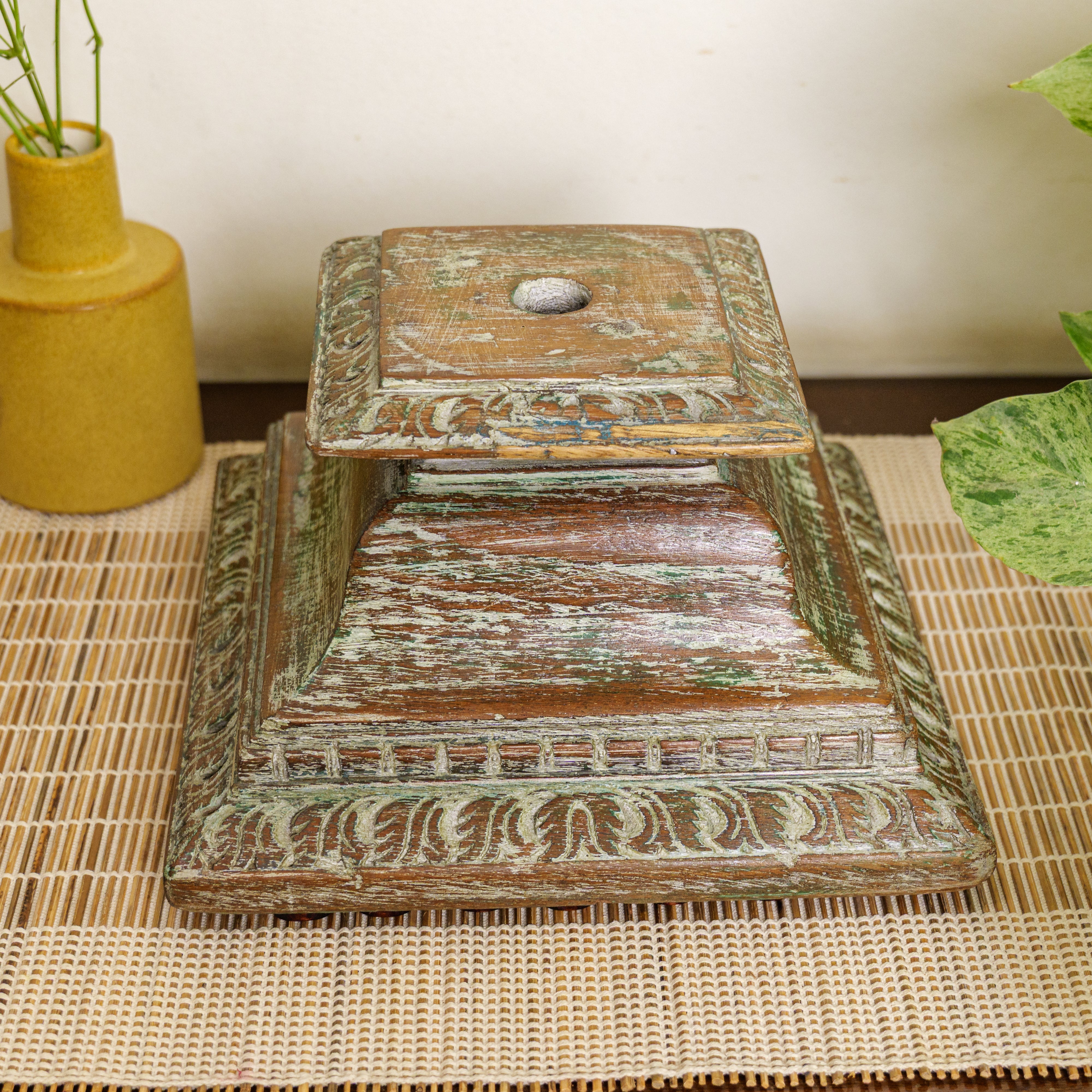 Vintage Candle Stand - Pillar Base - Rectangular Carved