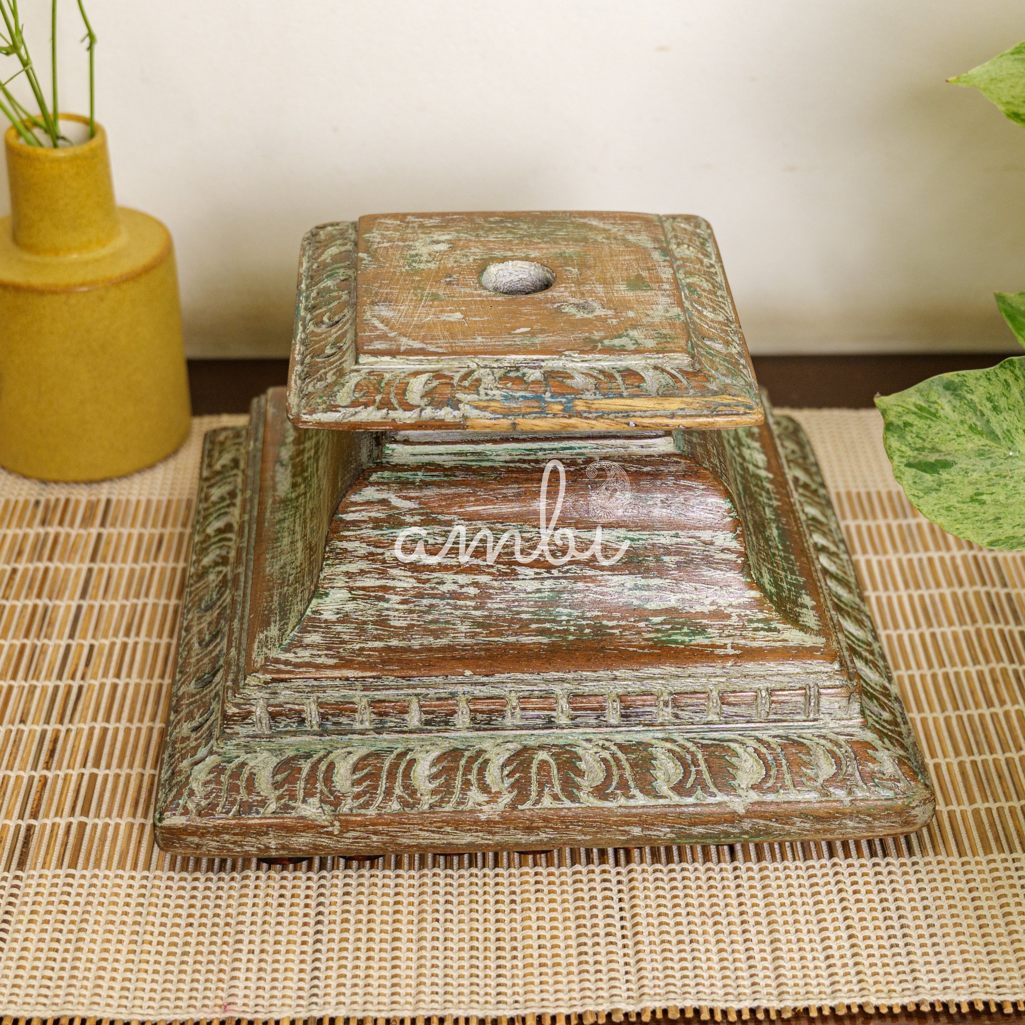 Vintage Candle Stand - Pillar Base - Rectangular Carved