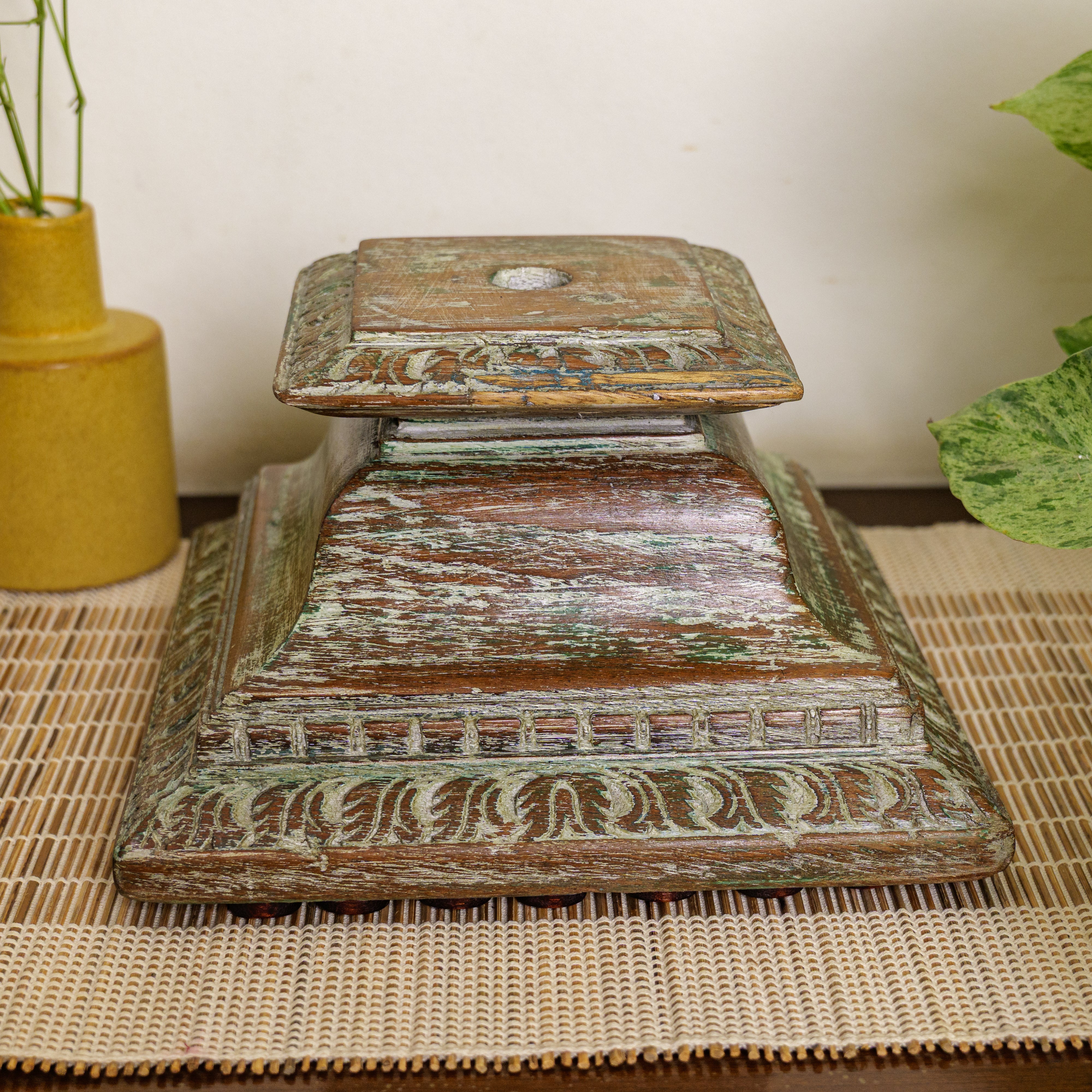 Vintage Candle Stand - Pillar Base - Rectangular Carved