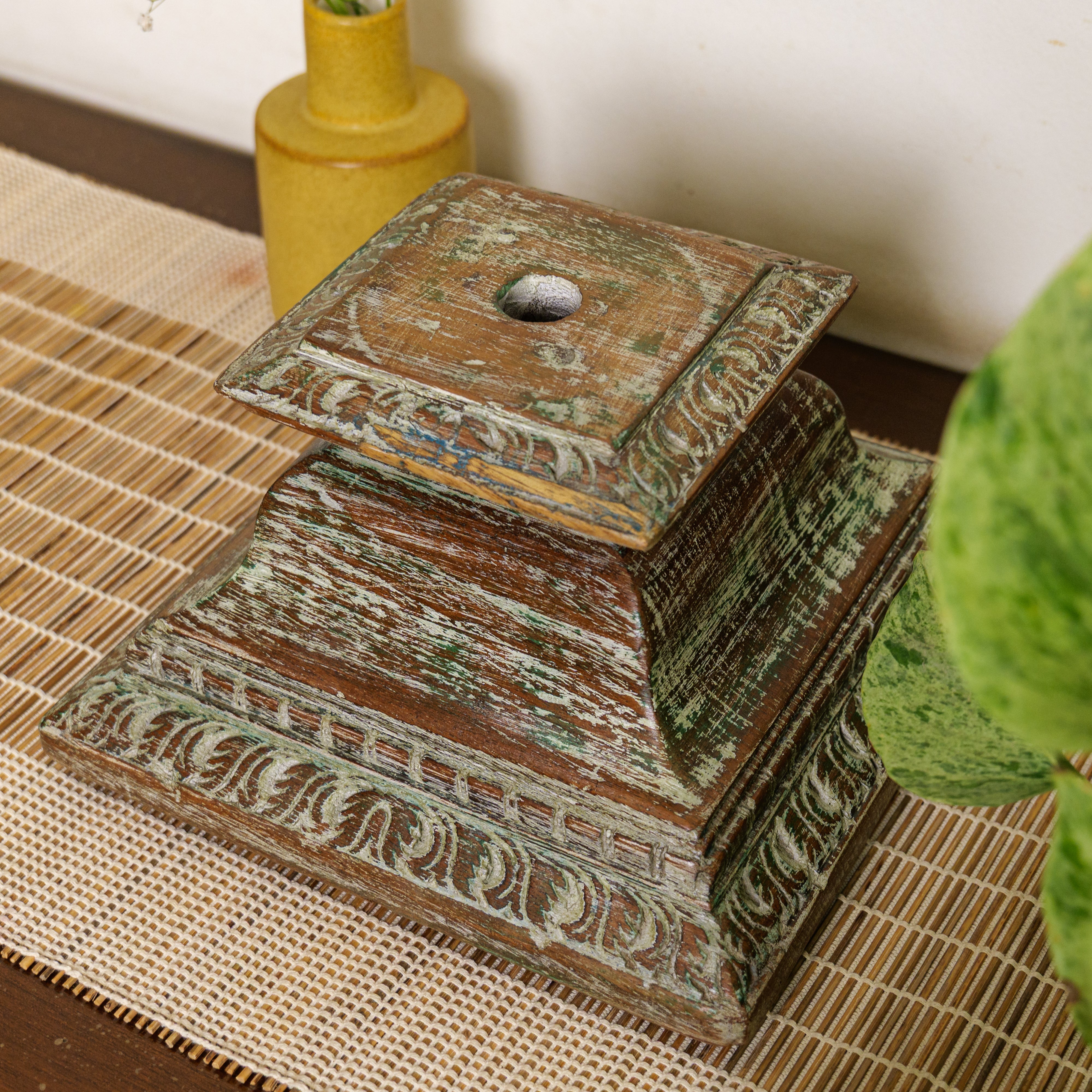 Vintage Candle Stand - Pillar Base - Rectangular Carved