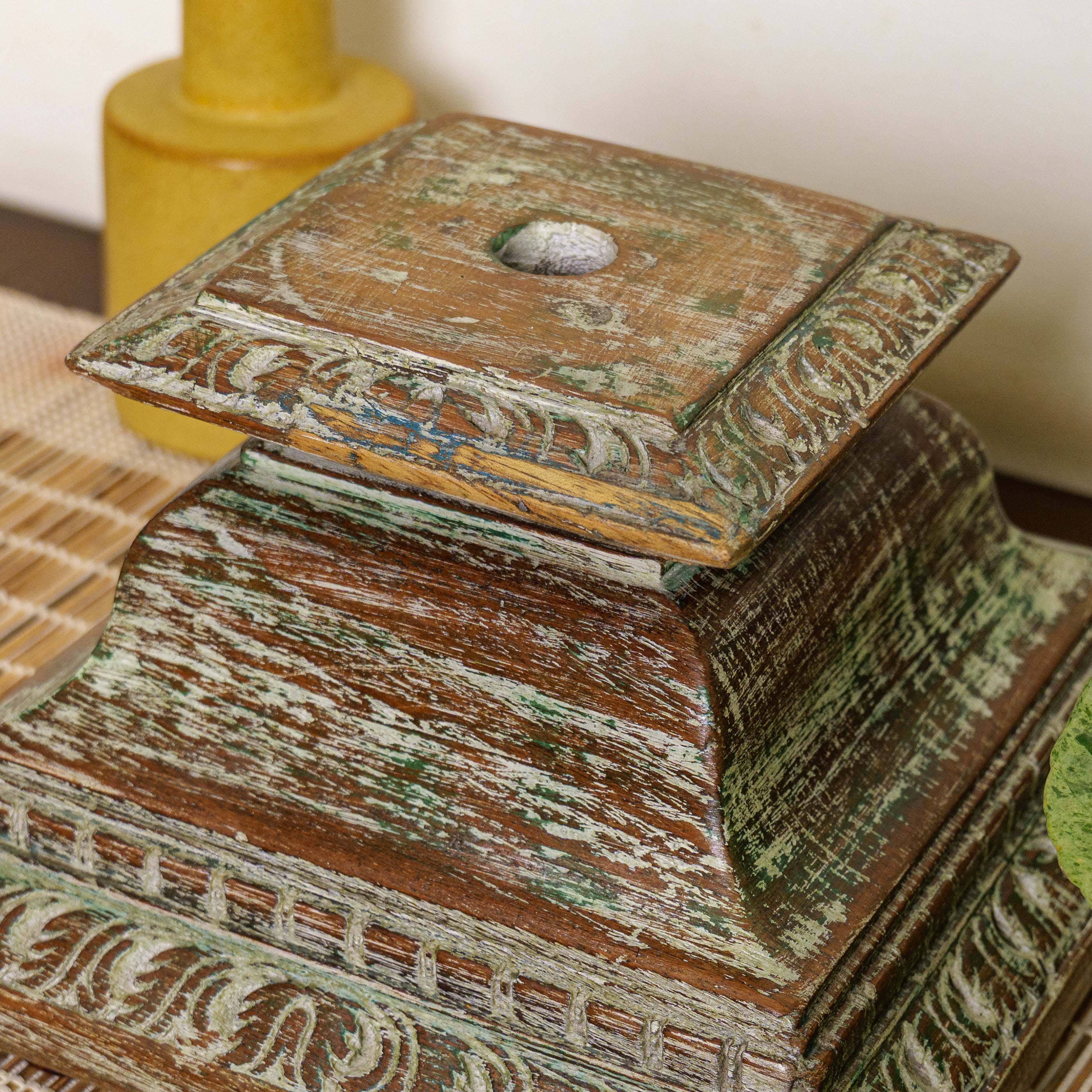 Vintage Candle Stand - Pillar Base - Rectangular Carved