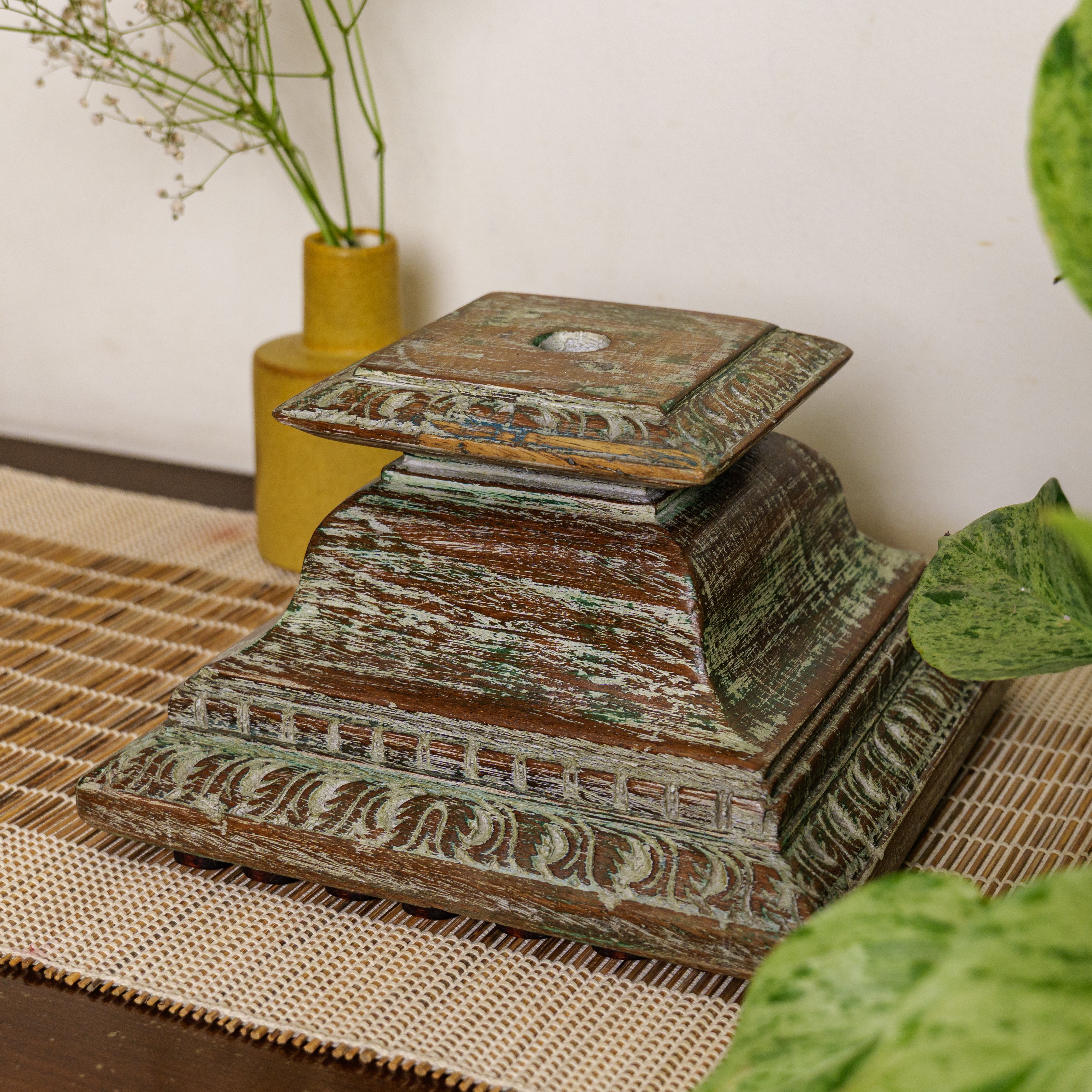 Vintage Candle Stand - Pillar Base - Rectangular Carved