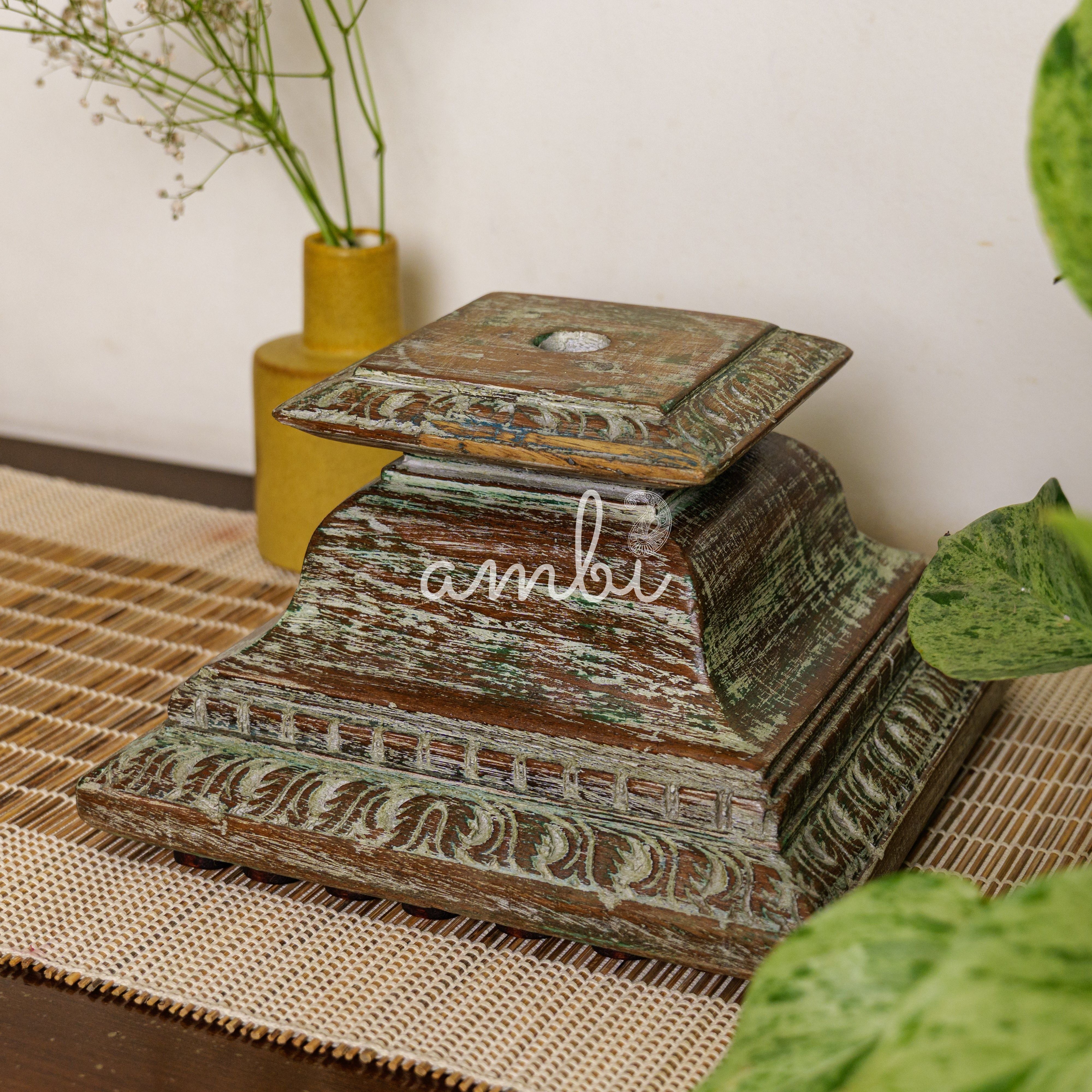 Vintage Candle Stand - Pillar Base - Rectangular Carved