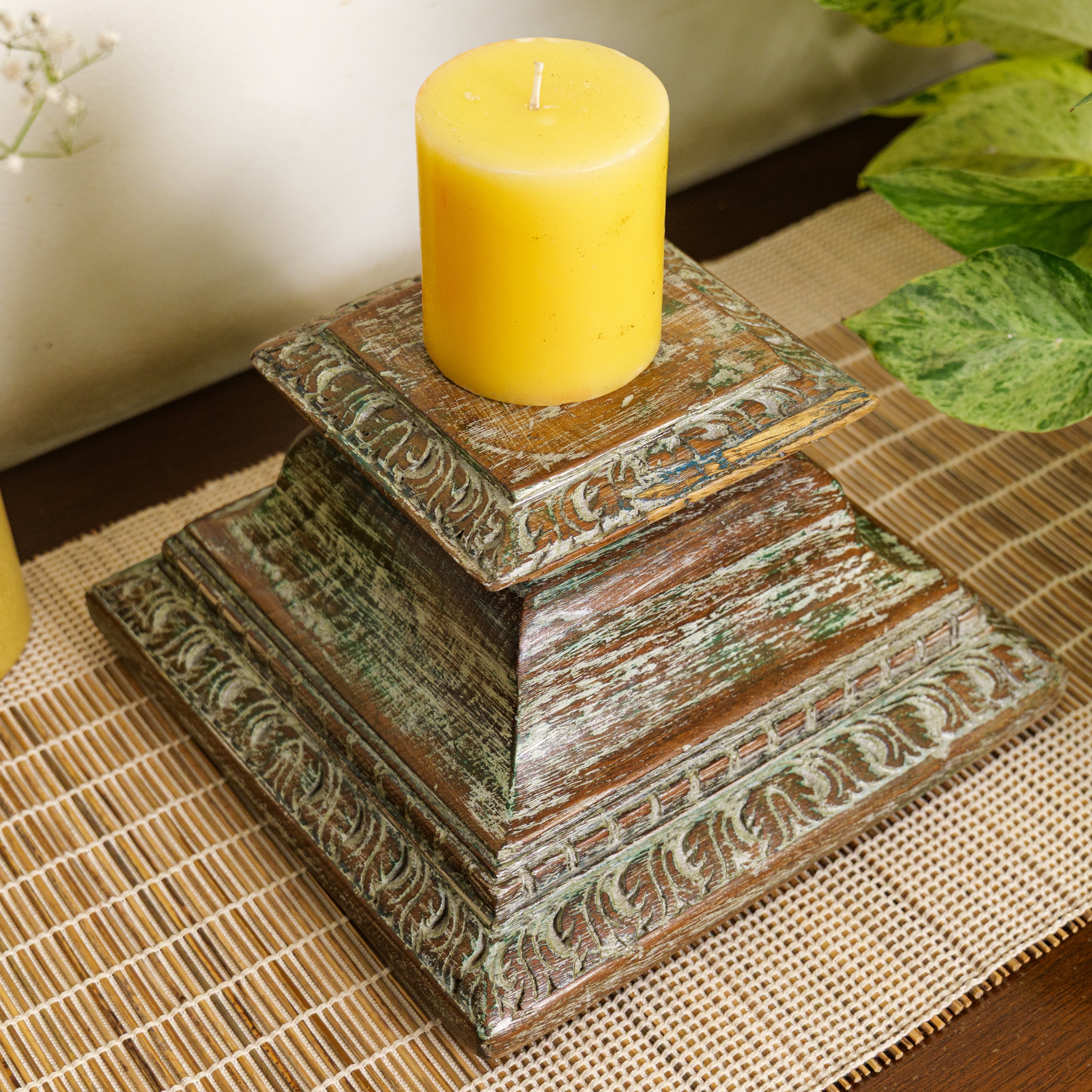Vintage Candle Stand - Pillar Base - Rectangular Carved